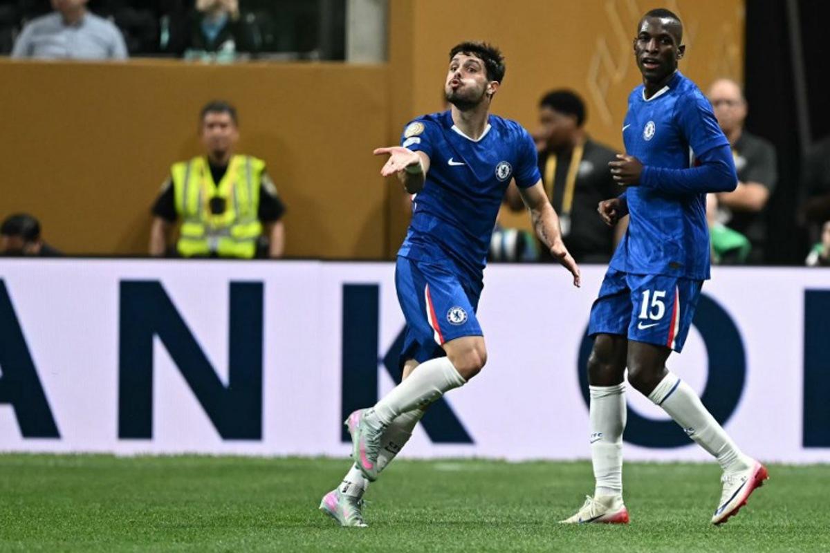Chelsea's Portuguese midfielder #07 Pedro Neto (C) celebrates next to Chelsea's Senegalese striker #15 Nicolas Jackson after scoring a goal during the Club World Cup 2025 Group D football match between England's Chelsea and US Los Angeles FC at the Mercedes-Benz stadium in Atlanta on June 16, 2025.  Paul ELLIS / AFP