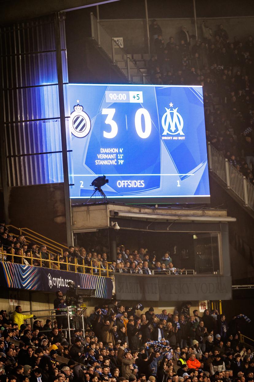this picture shows a soccer game between Belgian Club Brugge and French Olympique de Marseille, Wednesday 28 January 2026 in Brugge, on day eight of the League phase of the UEFA Champions League tournament. BELGA PHOTO KURT DESPLENTER