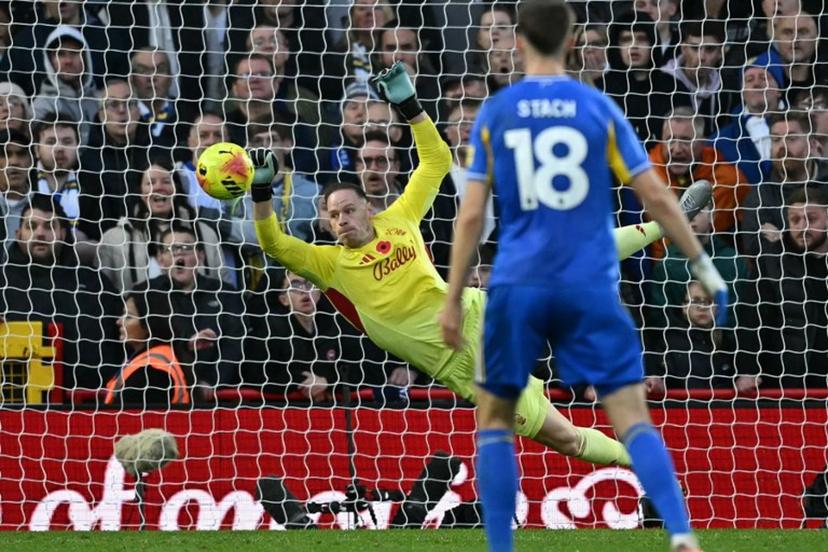 Nottingham Forest's Belgian goalkeeper #26 Matz Sels makes a save during the English Premier League football match between Nottingham Forest and Leeds United at The City Ground in Nottingham, central England, on November 9, 2025.  JUSTIN TALLIS / AFP