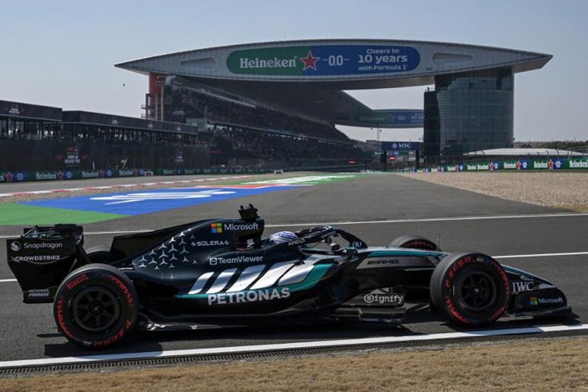 Mercedes' British driver George Russell drives during a practice session ahead of the Formula One Chinese Grand Prix at the Shanghai International Circuit in Shanghai on March 13, 2026.  GREG BAKER / AFP