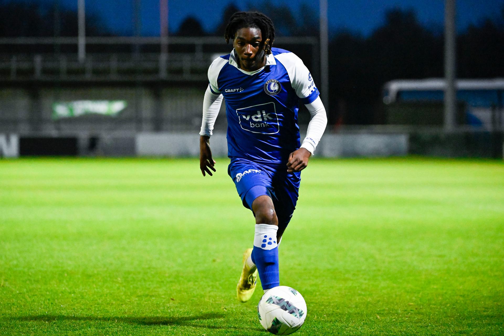 Jong KAA Gent's Justin Dorcelus Munezero pictured in action during a match between Jong KAA Gent and KFC Dessel Sport, in the Belgian National Division 1 (Eerste Nationale) at the Chillax Arena in Oostakker, Gent, Saturday 13 April 2024. BELGA PHOTO TOM GOYVAERTS