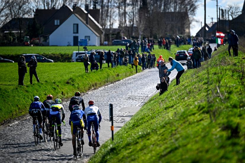 Belgian Gilles De Wilde of Team Flanders Baloise, Italian Daniel Oss of TotalEnergies, Dutch Taco van der Hoorn of Intermarche-Circus-Wanty, Belgian Guillaume Van Keirsbulck of Bingoal WB, Spanish Lluis Mas of Movistar Team and British Matthew Gibson of Human Powered Health pictured in action during the Kuurne-Brussels-Kuurne one day cycling race, 193 km from Kuurne to Kuurne via Brussels, Saturday 25 February 2023. BELGA PHOTO JASPER JACOBS