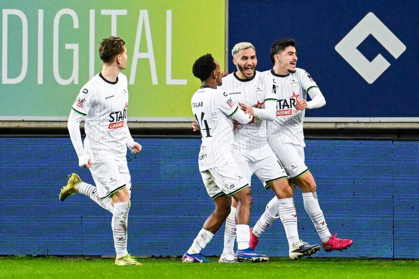 OHL's Youssef Maziz celebrates after scoring during a soccer match between KAA Gent and Oud Heverlee Leuven, Saturday 07 February 2026 in Gent, on day 24 of the 2025-2026 'Jupiler Pro League' first division of the Belgian championship. BELGA PHOTO TOM GOYVAERTS