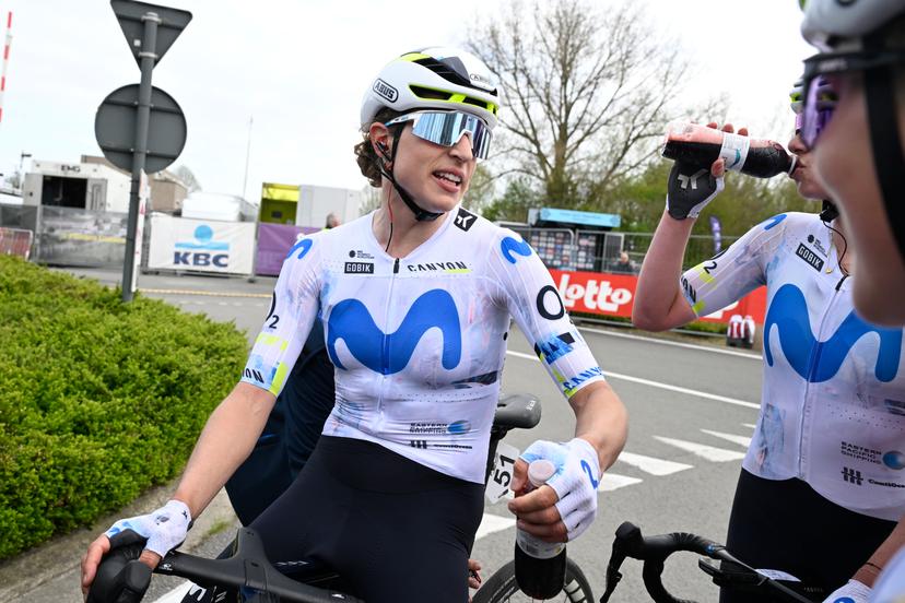 Swiss Marlen Reusser of Movistar Team reacts after winning the women elite race of the 'Dwars Door Vlaanderen' cycling event, 128,9km from Roeselare to Waregem, Wednesday 01 April 2026. BELGA PHOTO TOM GOYVAERTS