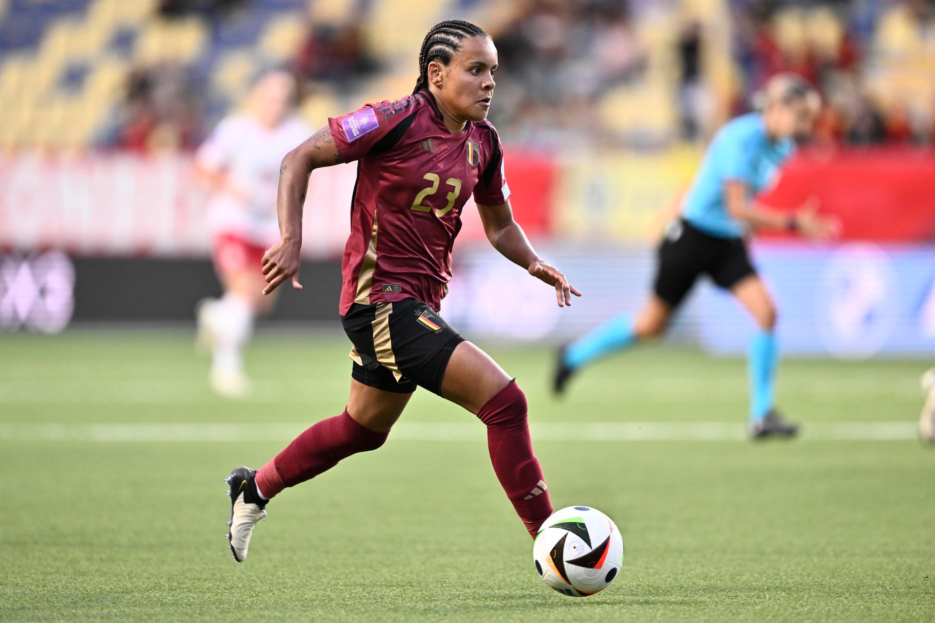 Belgium's Kassandra Ndoutou Eboa Missipo pictured in action during a soccer game between Belgium's national women's team the Red Flames and Denmark, on Friday 12 July 2024 in Sint Truiden, match 5/6 of the qualifications of the 2025 European Championships. BELGA PHOTO JOHAN EYCKENS
