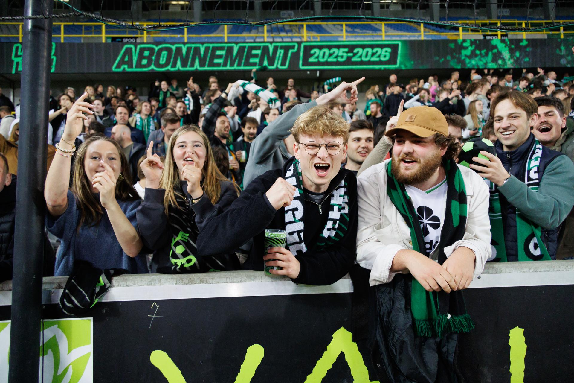 Cercle's supporters celebrate after winning a soccer match between Cercle Brugge and Patro Eisden Maasmechelen, Friday 23 May 2025 in Brugge, the second leg of the Relegation Play-offs Finals of the 2024-2025 'Jupiler Pro League' Belgian championship. The winner of the meeting will qualify to play in the First Division. BELGA PHOTO KURT DESPLENTER