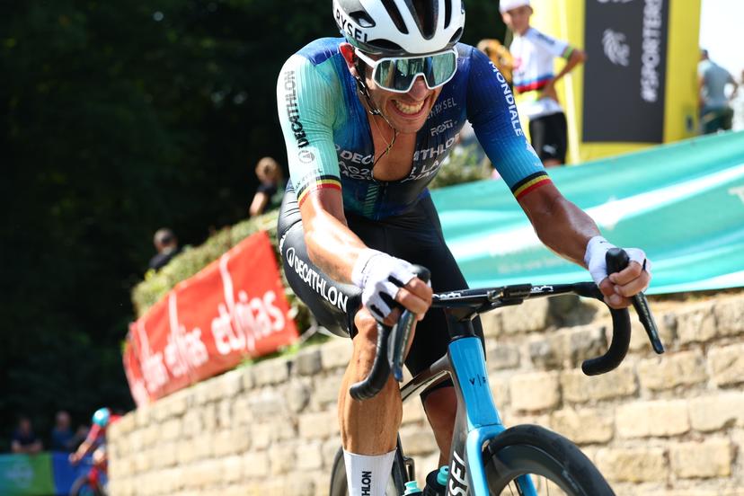 Belgian Dries De Bondt of Decathlon Ag2r La Mondiale Team pictured in action during the fifth and last stage of the 'Renewi Tour' multi-stage cycling race, from Menen to Geraardsbergen (202,5 km) on Sunday 01 September 2024. The five-day race takes place in Belgium and the Netherlands.  BELGA PHOTO DAVID PINTENS