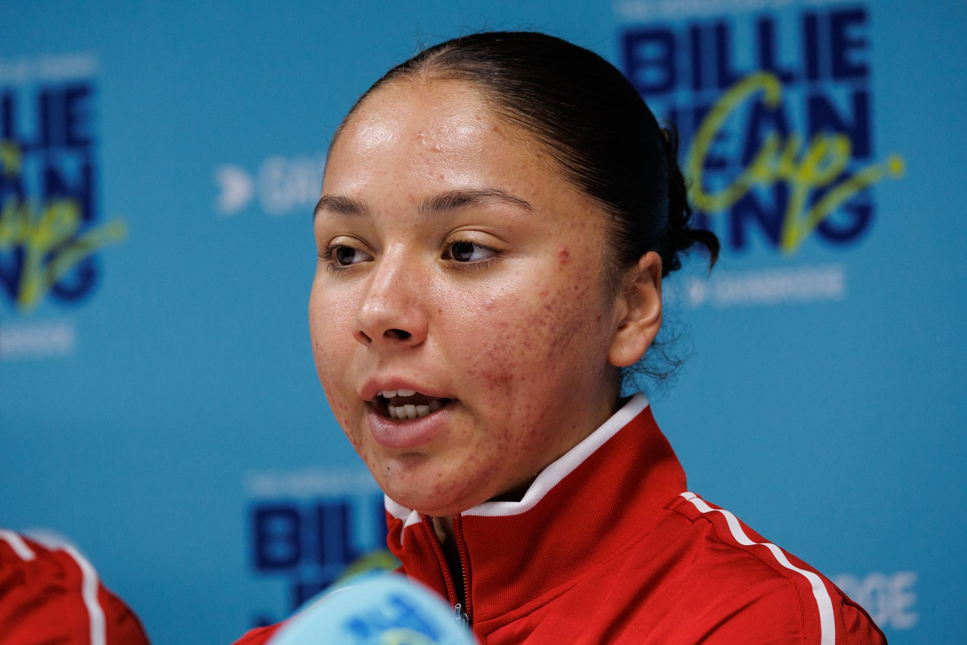 Belgian Sofia Costoulas pictured during a press conference of Belgian team ahead of the meeting between Belgium and USA, in the qualifiers of the Billie Jean King Cup tennis, in Oostende, Belgium, on Tuesday 07 April 2026. The game will be played on 10 and 11th April. PHOTO KURT DESPLENTER