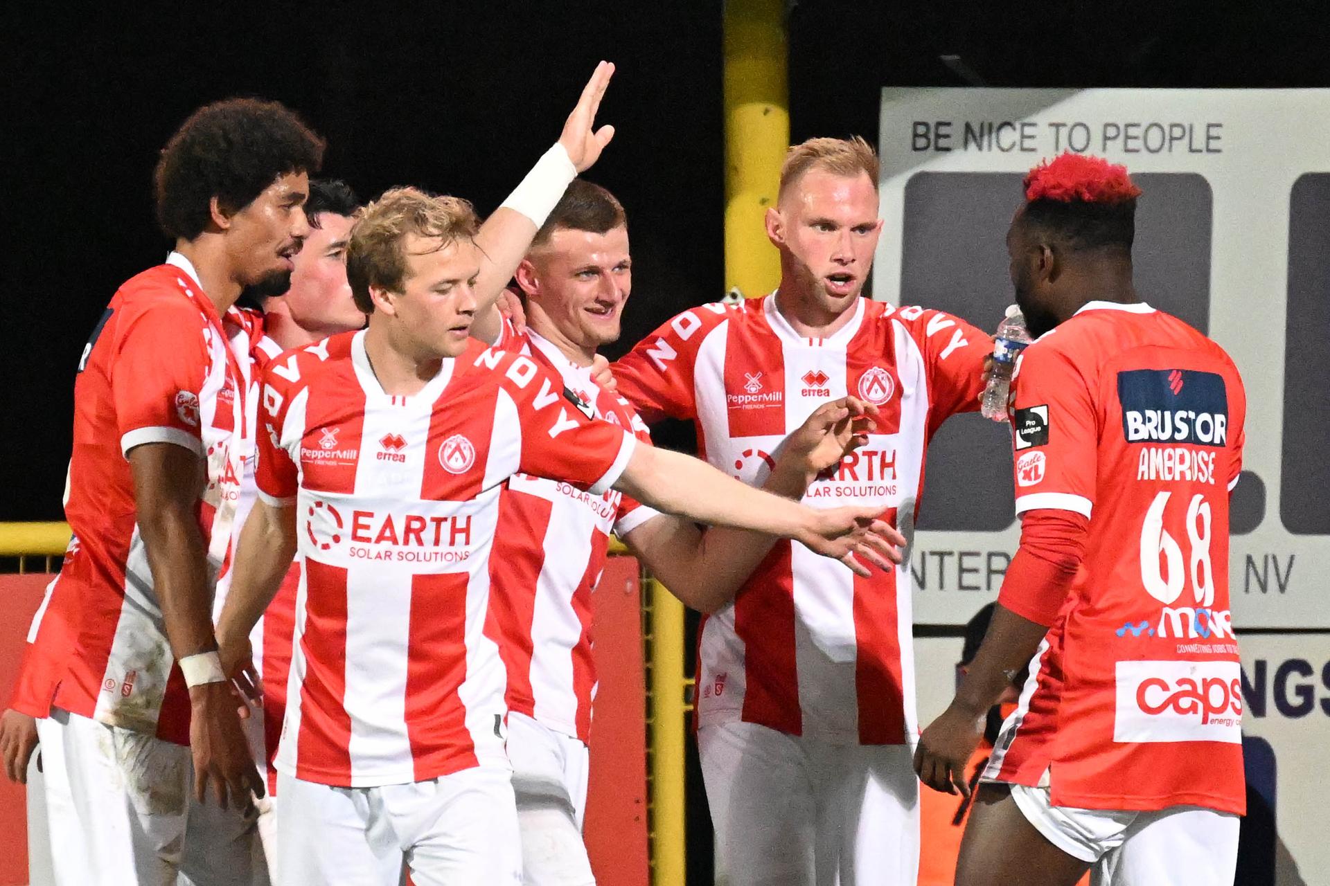 Kortrijk's Ilan Hurtevent celebrates after scoring the 1-0 goal during a soccer game between KV Kortrijk and Olympic Charleroi, Saturday 14 March 2026 in Kortrijk, on day 30 of the 2025-2026 'Challenger Pro League' 1B second division of the Belgian championship. BELGA PHOTO MAARTEN STRAETEMANS