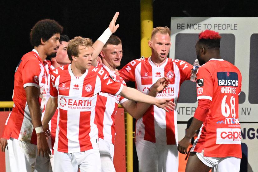 Kortrijk's Ilan Hurtevent celebrates after scoring the 1-0 goal during a soccer game between KV Kortrijk and Olympic Charleroi, Saturday 14 March 2026 in Kortrijk, on day 30 of the 2025-2026 'Challenger Pro League' 1B second division of the Belgian championship. BELGA PHOTO MAARTEN STRAETEMANS