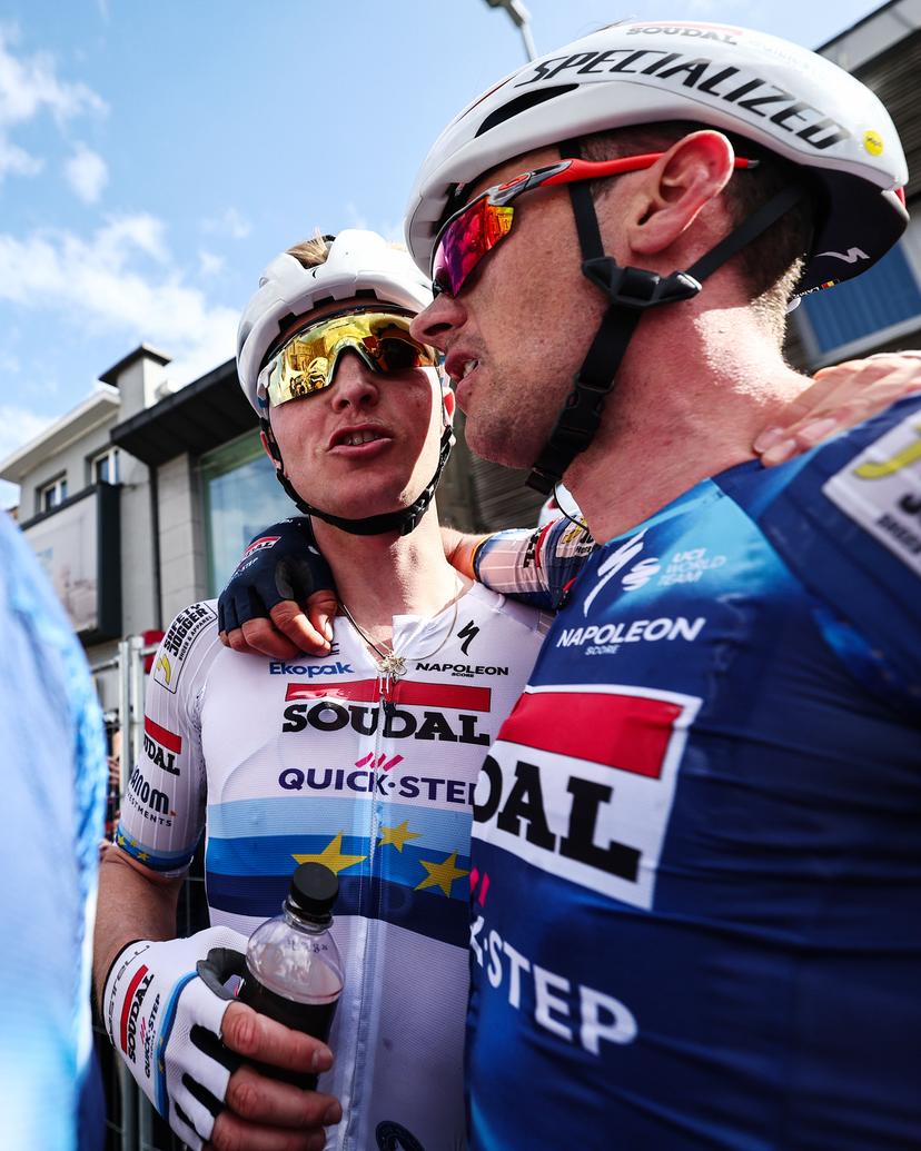 Belgian Tim Merlier of Soudal Quick-Step and Belgian Yves Lampaert of Soudal Quick-Step pictured after the men elite 'Gent-Wevelgem - In Flanders Fields' one day cycling race, 250.3 km from Ieper to Wevelgem, Sunday 30 March 2025. BELGA PHOTO DAVID PINTENS