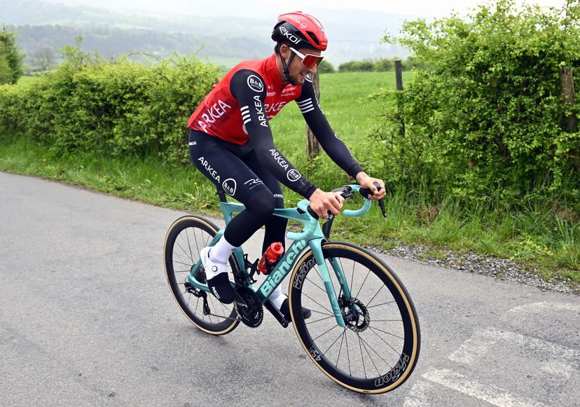 French Kevin Vauquelin of Arkea-BB Hotels pictured in action during a training and track reconnaissance session, on the 'Cote de la Redoute', in Remouchamps, Aywaille, ahead of the Liege-Bastogne-Liege one day cycling race, Friday 25 April 2025. BELGA PHOTO ERIC LALMAND