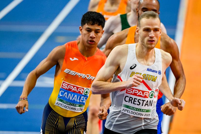 Belgian Eliott Crestan pictured in action during the men's 800m, at the European Athletics Indoor Championships, in Apeldoorn, The Netherlands, Sunday 09 March 2025. The championships take place from 6 to 9 March. BELGA PHOTO ERIC LALMAND