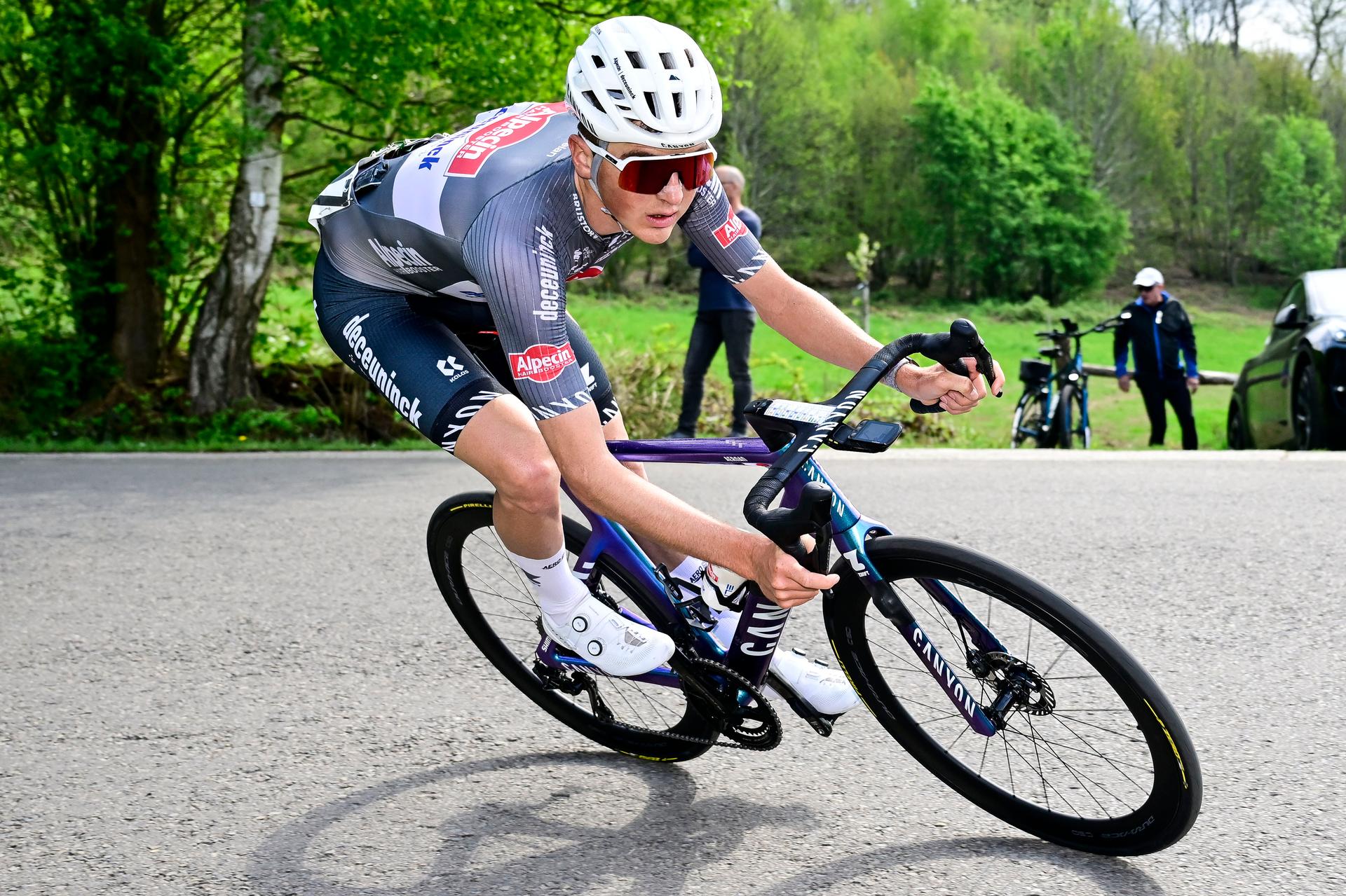 Belgian Emiel Verstrynge of Alpecin-Deceuninck pictured in action during the men elite 'Amstel Gold Race' one day cycling race, 255,9 km from Maastricht to Valkenburg, The Netherlands, Sunday 20 April 2025. BELGA PHOTO DIRK WAEM