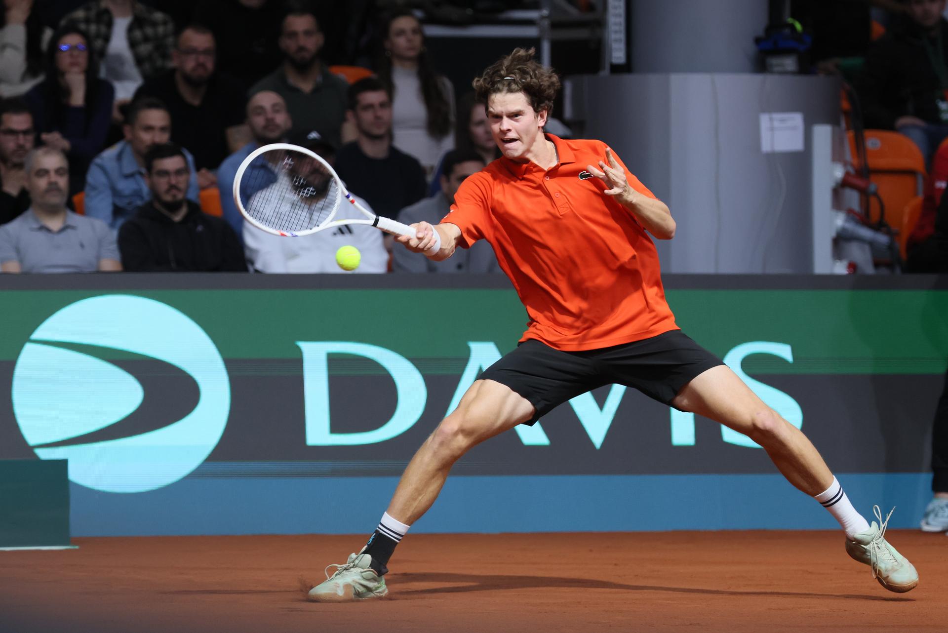 Belgian Alexander Blockx pictured in action during a tennis match against Bulgarian Radulov, during the qualifier of the Davis Cup on Saturday 07 February 2026, in Plovdiv, Bulgaria. Belgium will compete this weekend in the Davis Cup qualifiers against Bulgaria. BELGA PHOTO BENOIT DOPPAGNE