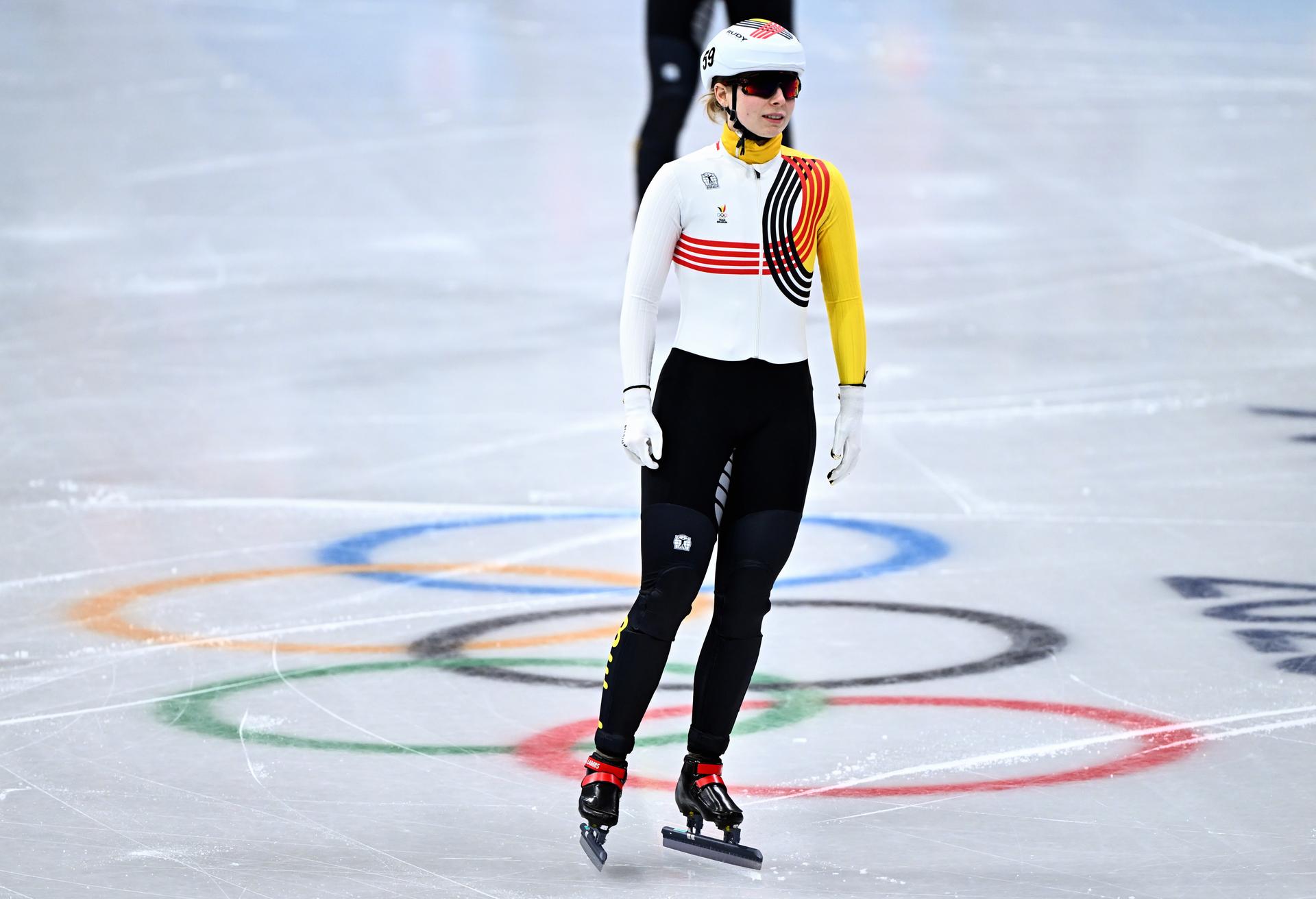 Belgian shorttrack skater Tineke den Dulk reacts after the quarterfinals of the women's 1500m Short Track Speed Skating, at the Milano Cortina 2026 Olympic Winter Games, on Thursday 12 February 2026 in Milan, Italy. The XXV Winter Olympics take place from 6 to 22 February 2026 in Italy. BELGA PHOTO JASPER JACOBS