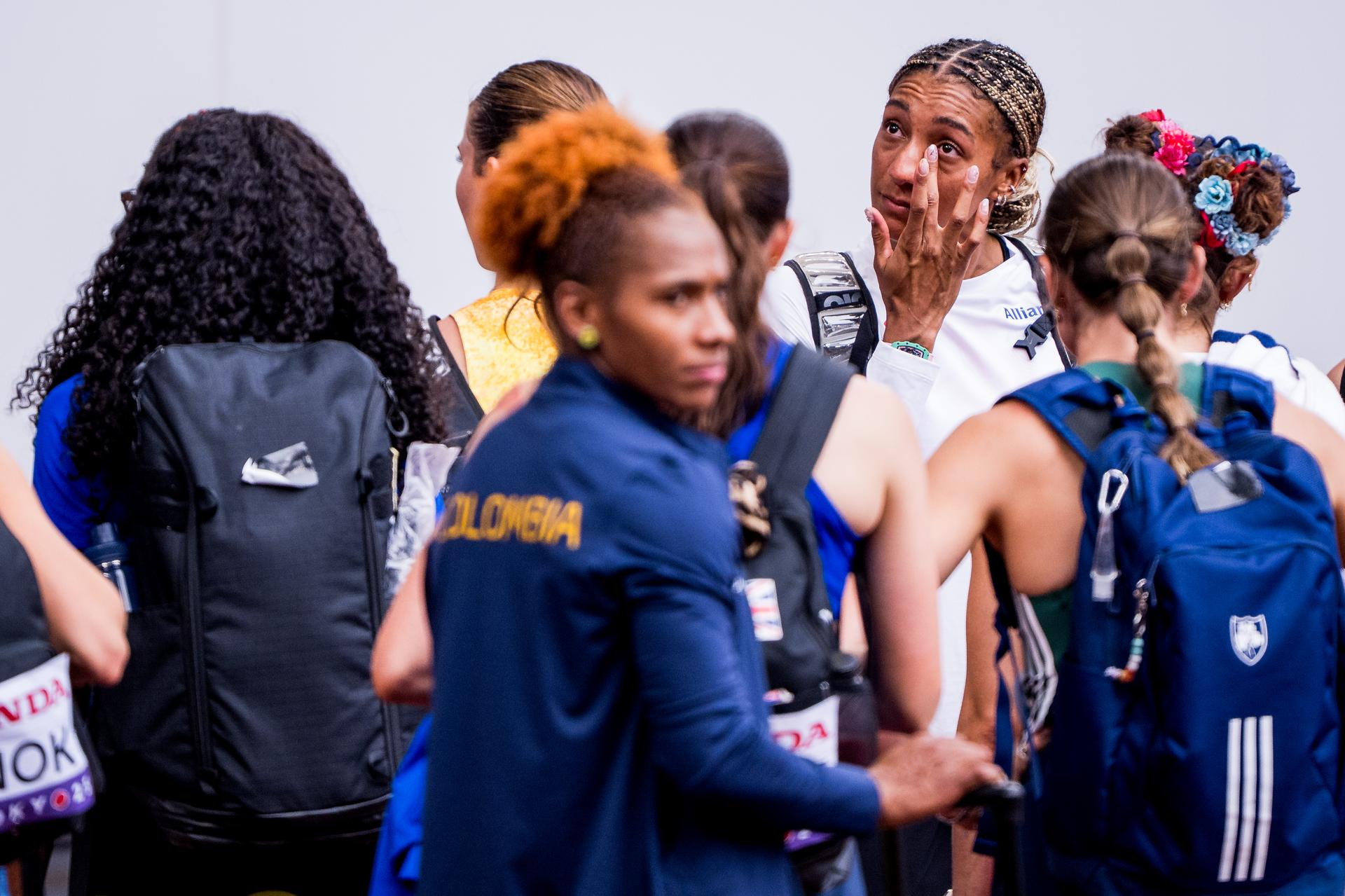 Belgian Nafissatou Nafi Thiam looks dejected after the Long Jump event of the women's Heptathlon competition, at the World Athletics Championships in Tokyo, Japan, on Saturday 20 September 2025. The outdoor Worlds are taking place from 13 to 21 September. BELGA PHOTO JASPER JACOBS
