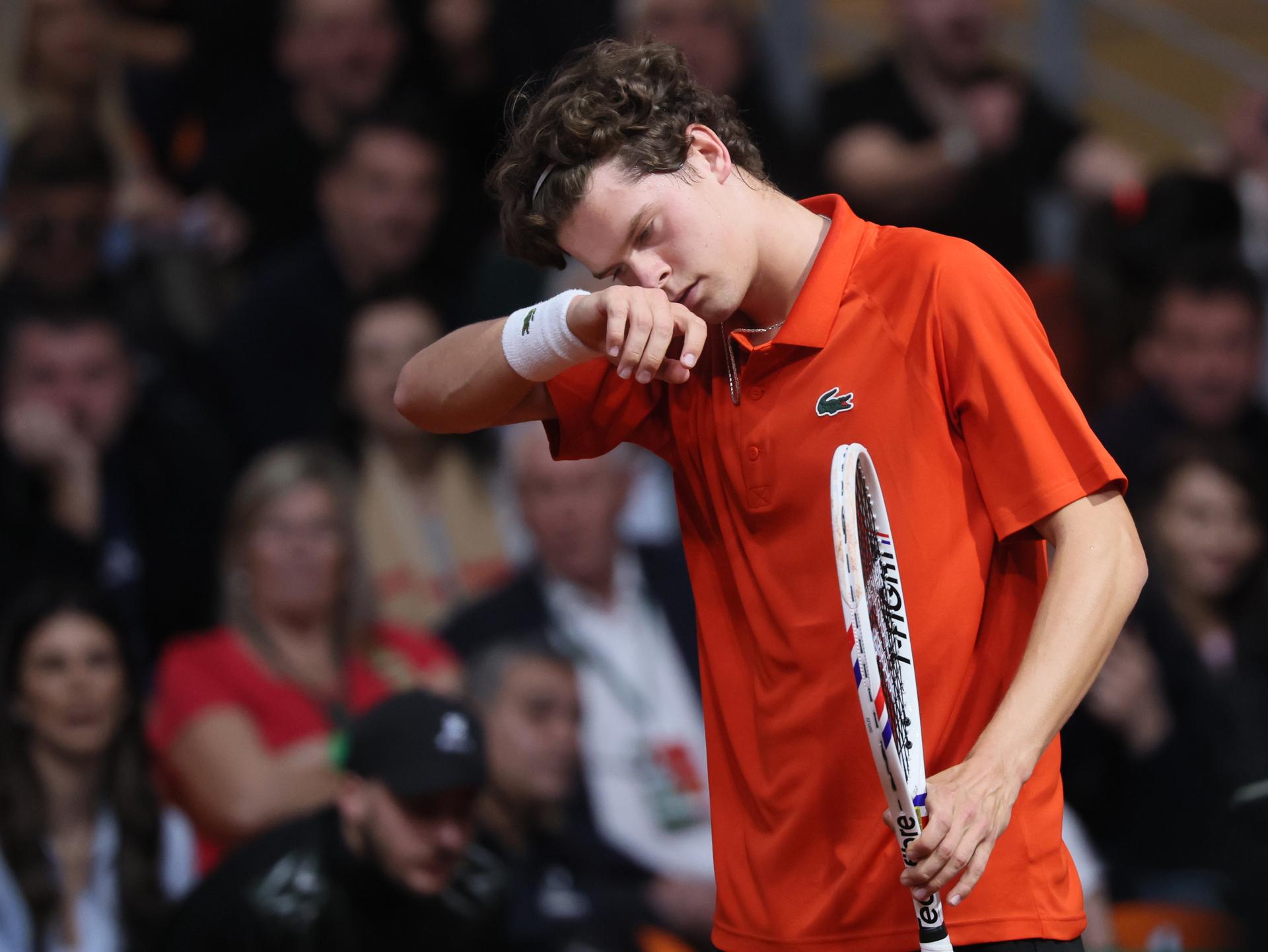 Belgian Alexander Blockx reacts during a tennis match against Bulgarian Radulov, during the qualifier of the Davis Cup on Saturday 07 February 2026, in Plovdiv, Bulgaria. Belgium will compete this weekend in the Davis Cup qualifiers against Bulgaria. BELGA PHOTO BENOIT DOPPAGNE