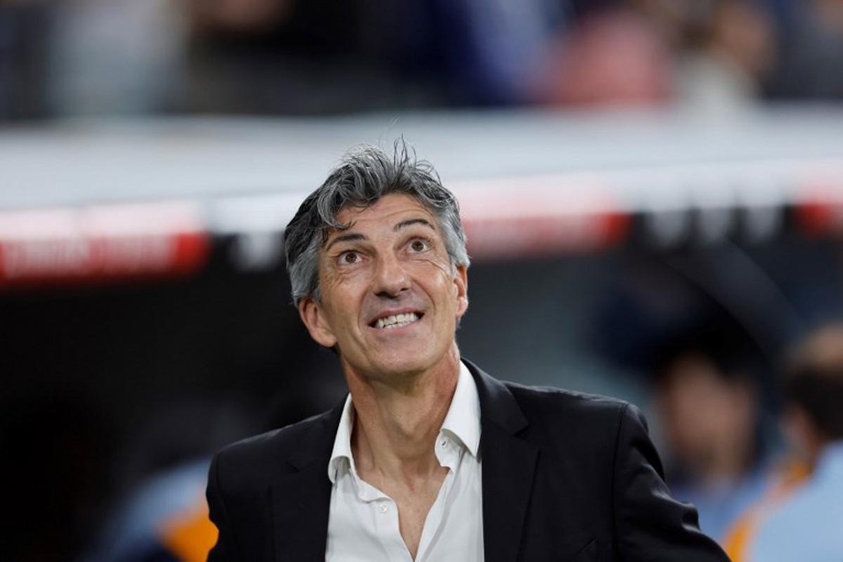 Real Sociedad's Spanish coach Imanol Alguacil looks on during the Spanish Copa del Rey (King's Cup) semi-final second leg football match between Real Madrid CF and Real Sociedad at the Santiago Bernabeu stadium in Madrid on April 1, 2025.  OSCAR DEL POZO / AFP