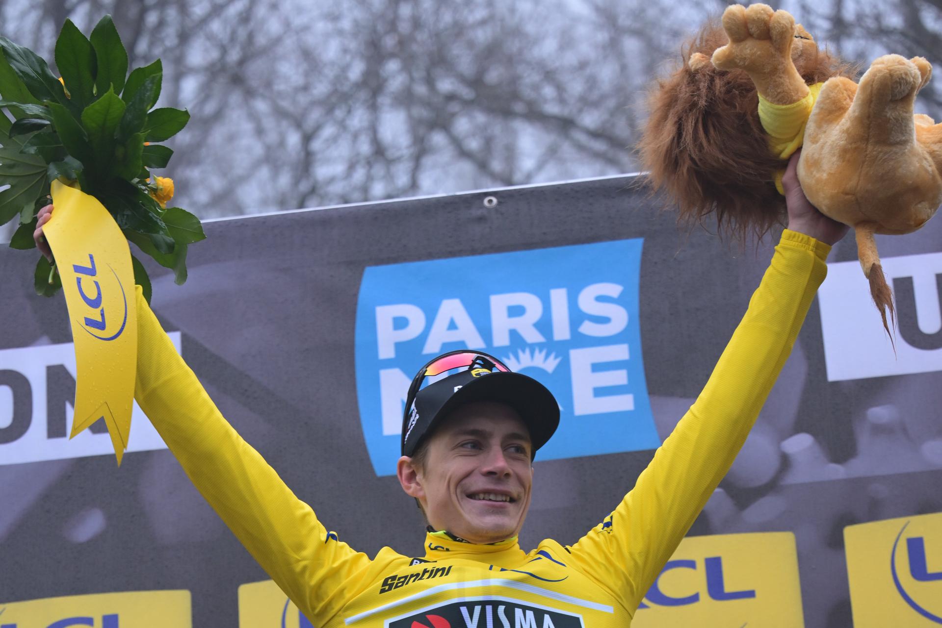 Danish Jonas Vingegaard of Team Visma-Lease a Bike celebrates on the podium after winning the fourth stage of 84th edition of the Paris-Nice cycling race, a race from Bourges to Uchon (195 km), on Wednesday 11 March 2026. BELGA PHOTO DAVID PINTENS