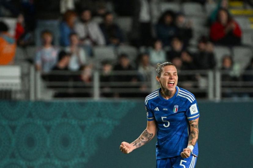 Italy's defender #05 Elena Linari celebrates her team's victory after the final whistle of the Australia and New Zealand 2023 Women's World Cup Group G football match between Italy and Argentina at Eden Park in Auckland on July 24, 2023.  Saeed KHAN / AFP