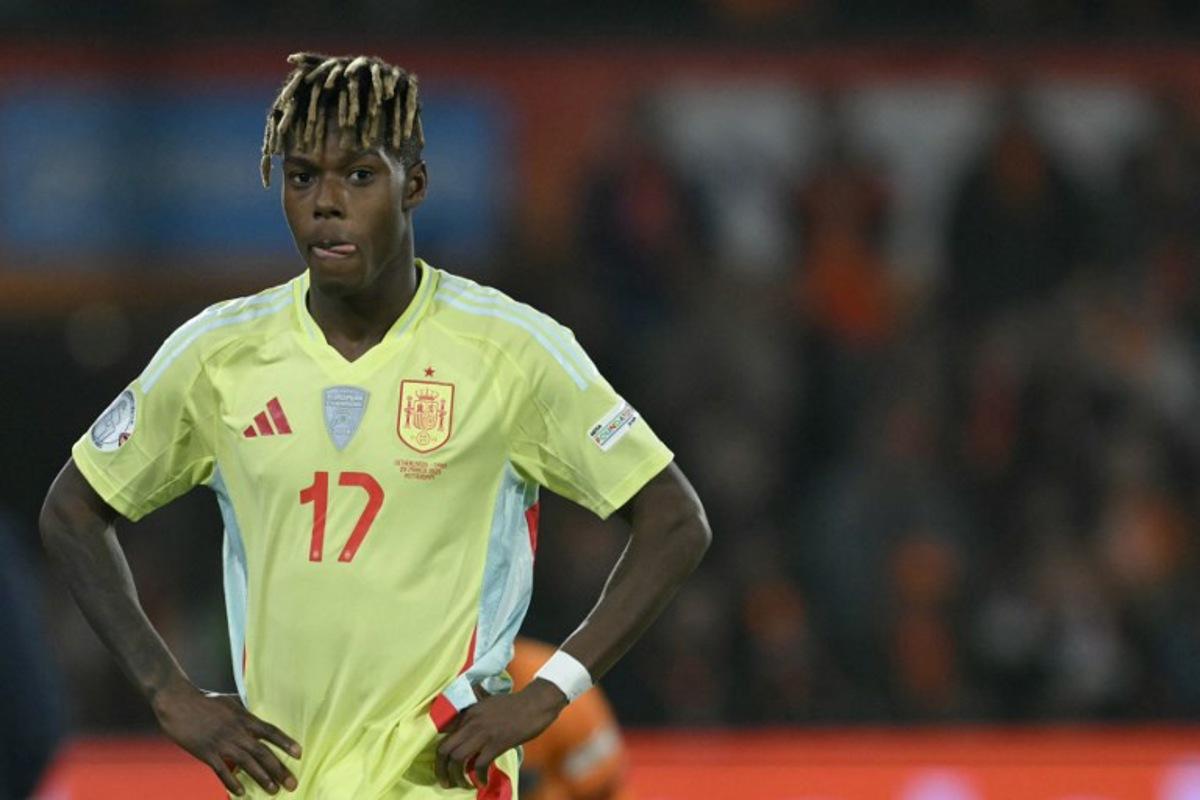 Spain's forward #17 Nico Williams looks on during the UEFA Nations League quarter-final first leg match between Netherlands and Spain at De Kuip stadium in Rotterdam, on March 20, 2025.  NICOLAS TUCAT / AFP