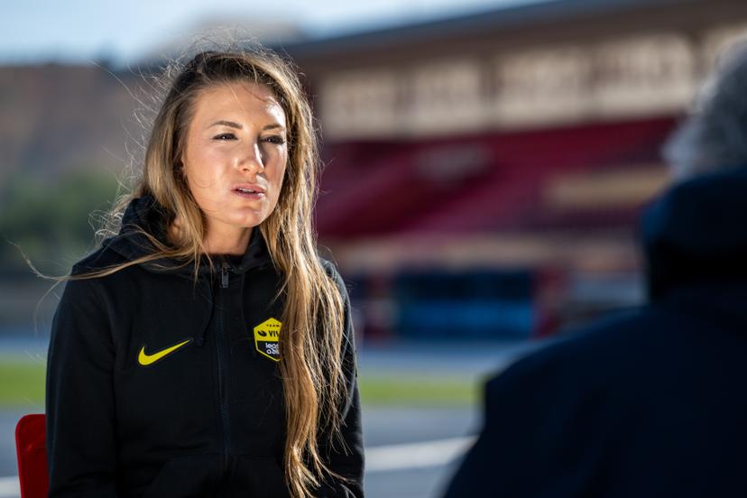 French Pauline Ferrand Prevot pictured during the team presentation of the Team Visma-Lease a Bike cycling team in Alicante, Spain, Tuesday 13 January 2026. BELGA PHOTO DAVID PINTENS