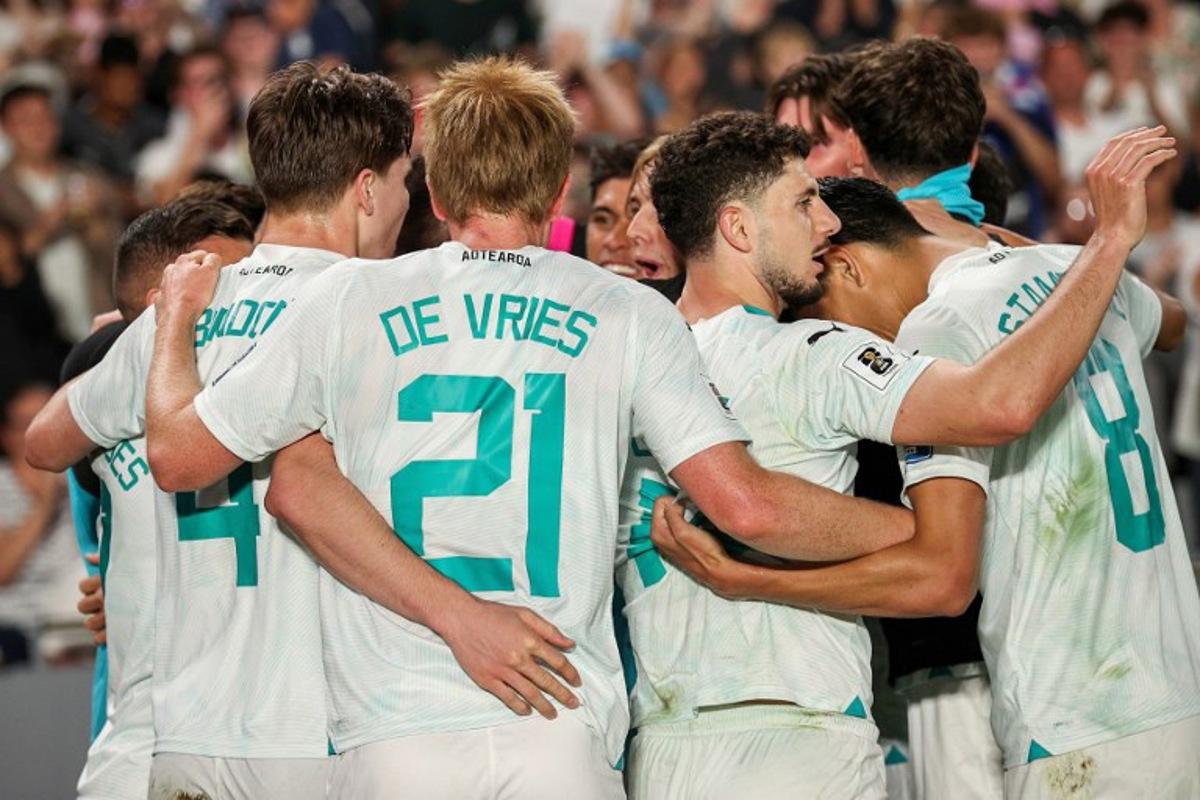New Zealand's players celebrate a goal during the FIFA World Cup 2026 Oceania qualifiers group final football match between New Zealand and New Caledonia at Eden Park Stadium in Auckland on March 24, 2025.  DAVID ROWLAND / AFP