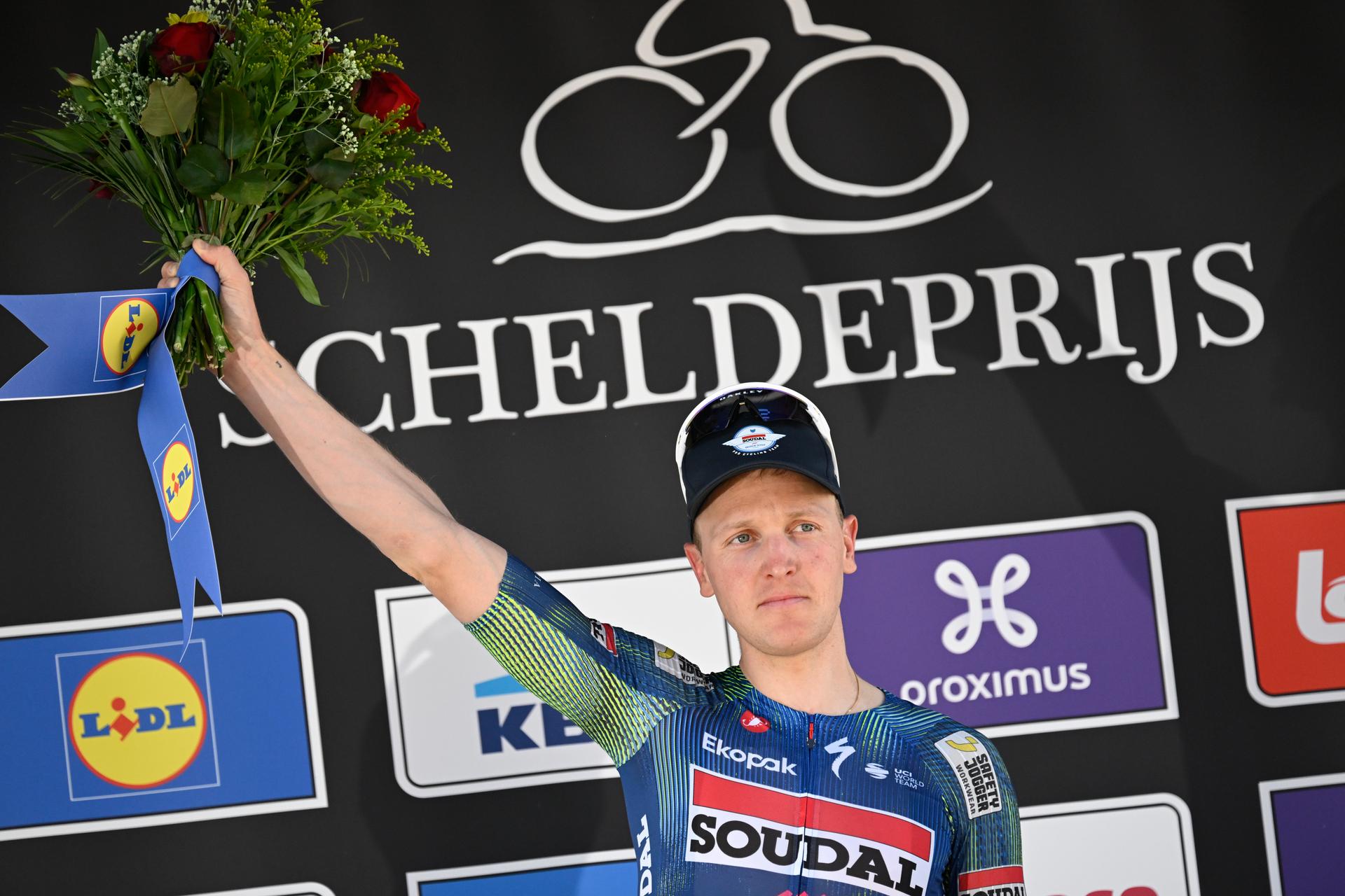 Belgian Tim Merlier of Soudal Quick-Step celebrates on the podium after winning the men's race of the 'Scheldeprijs' one day cycling event, 205,2km from Terneuzen, the Netherlands to Schoten, Belgium on Wednesday 08 April 2026. BELGA PHOTO TOM GOYVAERTS