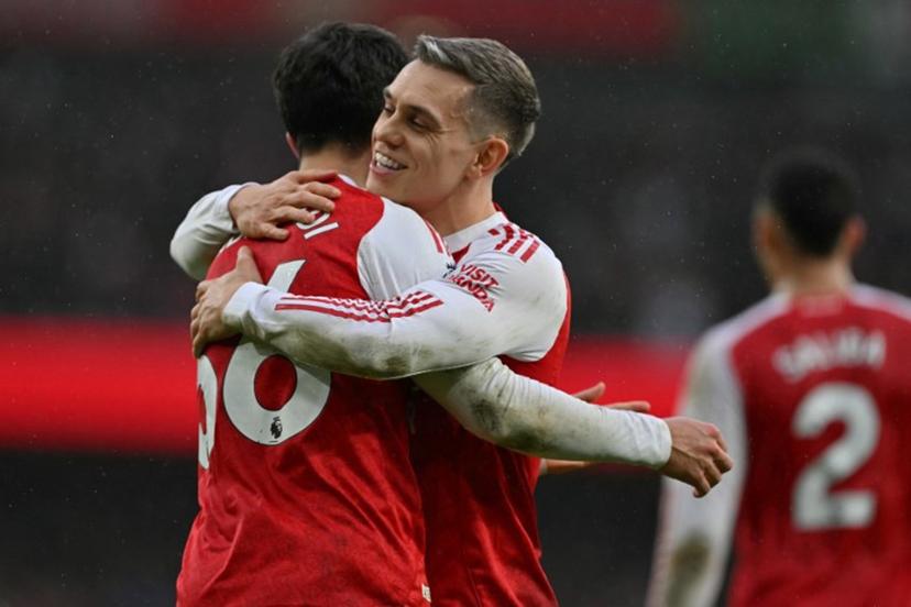 Arsenal's Spanish defender #36 Martin Zubimendi (L) celebrates with Arsenal's Belgian midfielder #19 Leandro Trossard (R) after scoring the opening goal of the English Premier League football match between Arsenal and Sunderland at the Emirates Stadium in London on February 7, 2026.   Glyn KIRK / AFP
