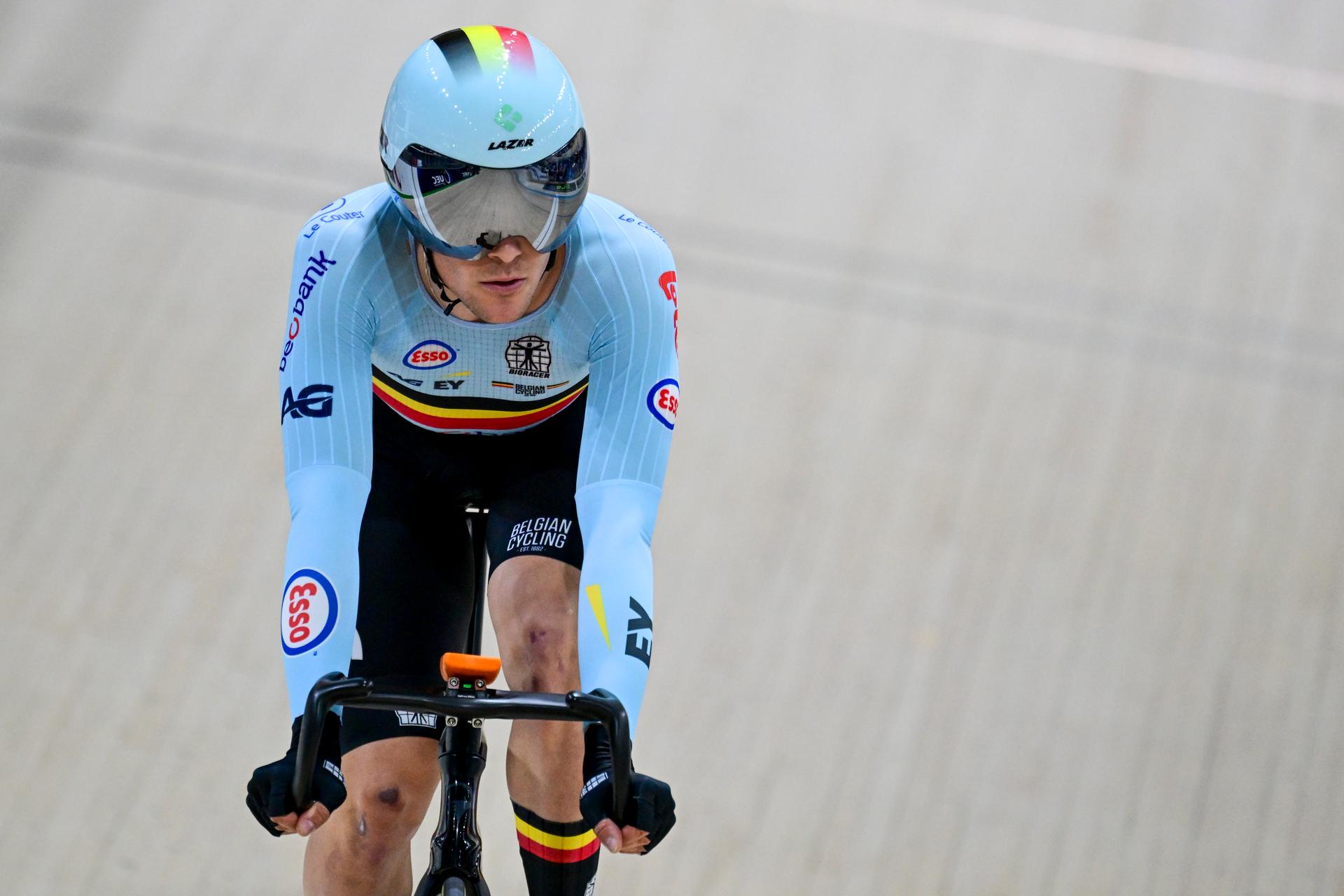 Belgian Milan Van den Haute pictured in action during the men's Omnium III elimination race at day 4 of the 2026 UEC Track Elite European Championships, in Konya, Turkey, Wednesday 04 February 2026. The European Championships take place from 01 to 05 February 2026. BELGA PHOTO DIRK WAEM