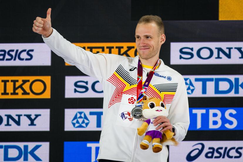 Belgian athlete Eliott Crestan , winner of the silver medal pictured on the podium of the World Athletics Indoor Championships, in Nanjing, China, Sunday 23 March 2025. The championships take place from 21 to 23 March. BELGA PHOTO JASPER JACOBS