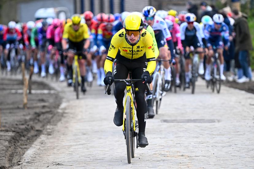 British James Matthew Brennan of Team Visma-Lease a Bike pictured in action during the men's one-day cycling race Omloop Het Nieuwsblad (UCI World Tour), 197 km from Gent to Ninove, Saturday 01 March 2025. BELGA PHOTO POOL VINCENT KALUT