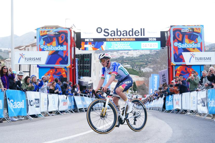 Belgian Remco Evenepoel crosses the finish line to win stage 4 of the 2026 Volta Comunitat Valenciana, Tour of Valencia cycling race, a race from La Nucia to Teulada Moraira (172,2 km), on Saturday 07 February 2026 in Spain. The race takes place from 4 to 8 February and runs through the three provinces of the Valencian Community. BELGA PHOTO JOMA GARCIA