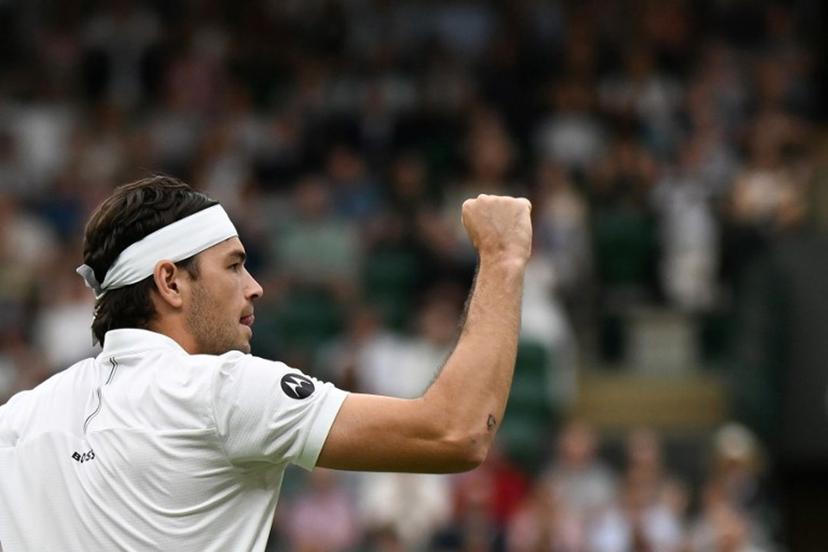 US player Taylor Fritz reacts as he plays against Australia's Jordan Thompson during their men's singles fourth round tennis match on the seventh day of the 2025 Wimbledon Championships at The All England Lawn Tennis and Croquet Club in Wimbledon, southwest London, on July 6, 2025.  Glyn KIRK / AFP