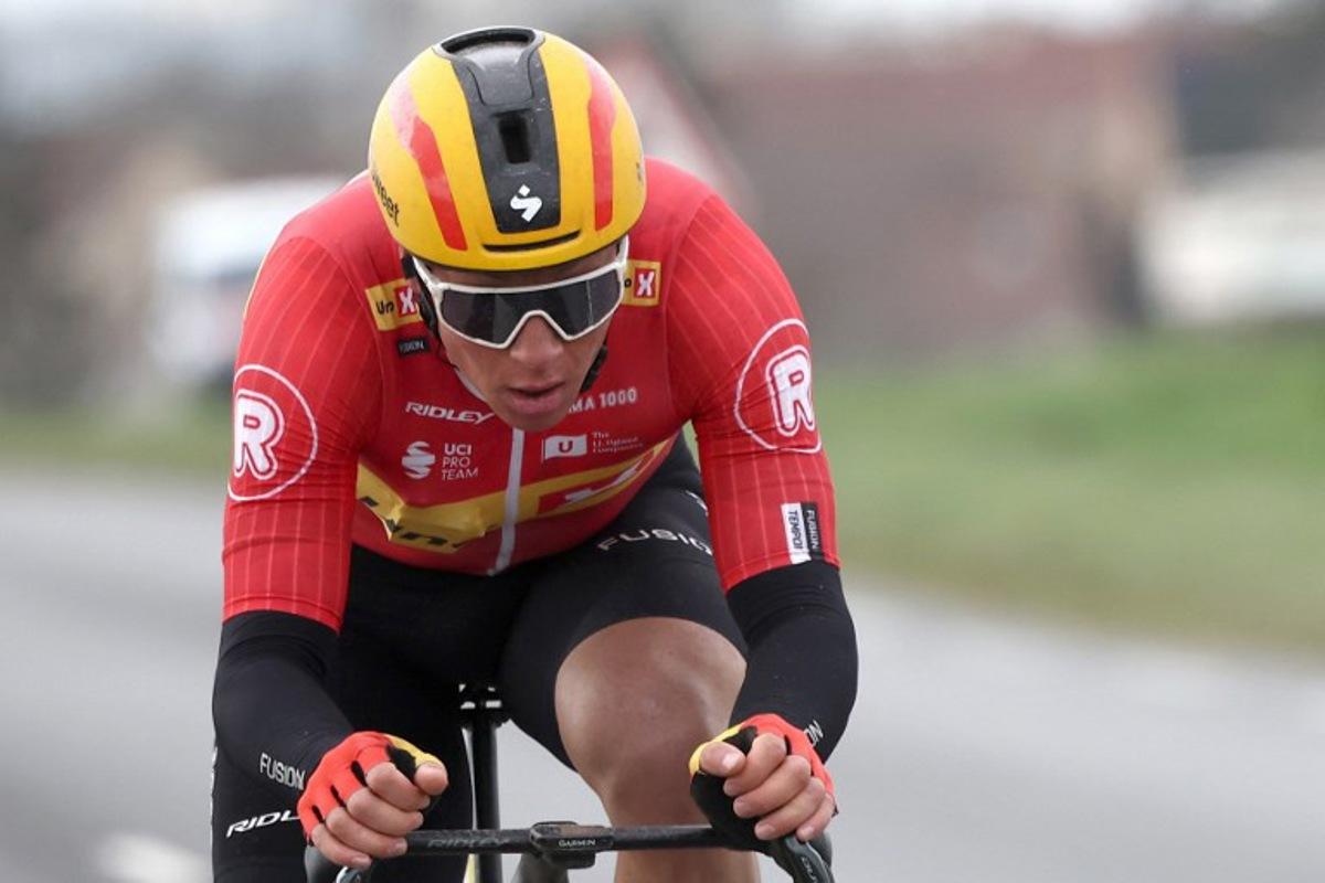Uno-X Mobility's Norwegian rider Jonas Abrahamsen cycles in a breakaway during the 2nd stage of the Paris-Nice cycling race, 183,9 km between Montesson and Bellegarde, on March 10, 2025.  Anne-Christine POUJOULAT / AFP
