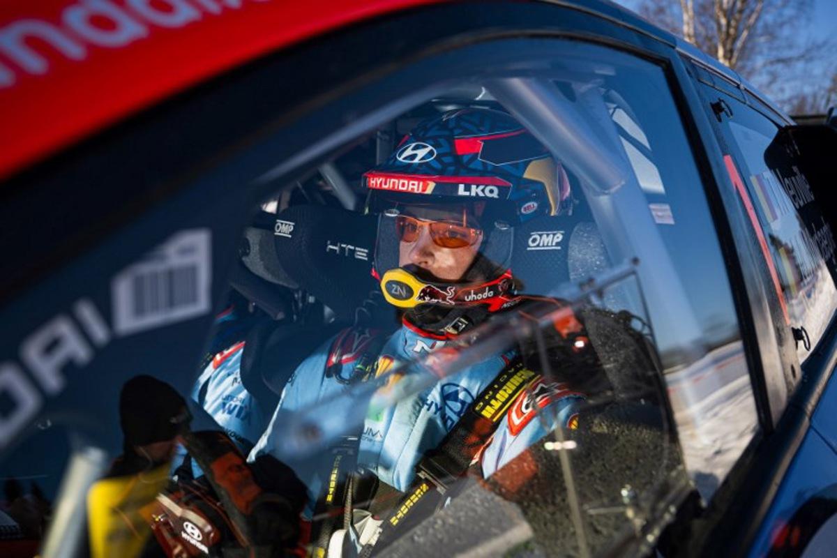 Thierry Neuville of Belgium is pictured in his Hyundai i20 N Rally1 prior to the start of the Sarsjoliden, 10th stage of Rally Sweden, second round of the FIA World Rally Championship on February 15, 2025 near Umea, Sweden.  Jonathan NACKSTRAND / AFP