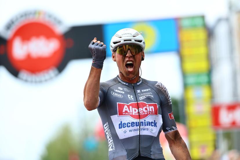 Belgian Timo Kielich of Alpecin-Deceuninck celebrates after winning the 'Antwerp Port Epic men's elite one day cycling race, 182 km in and around Antwerp, second race (2/8) in the Lotto Belgium Cup, Monday 09 June 2025.  BELGA PHOTO DAVID PINTENS