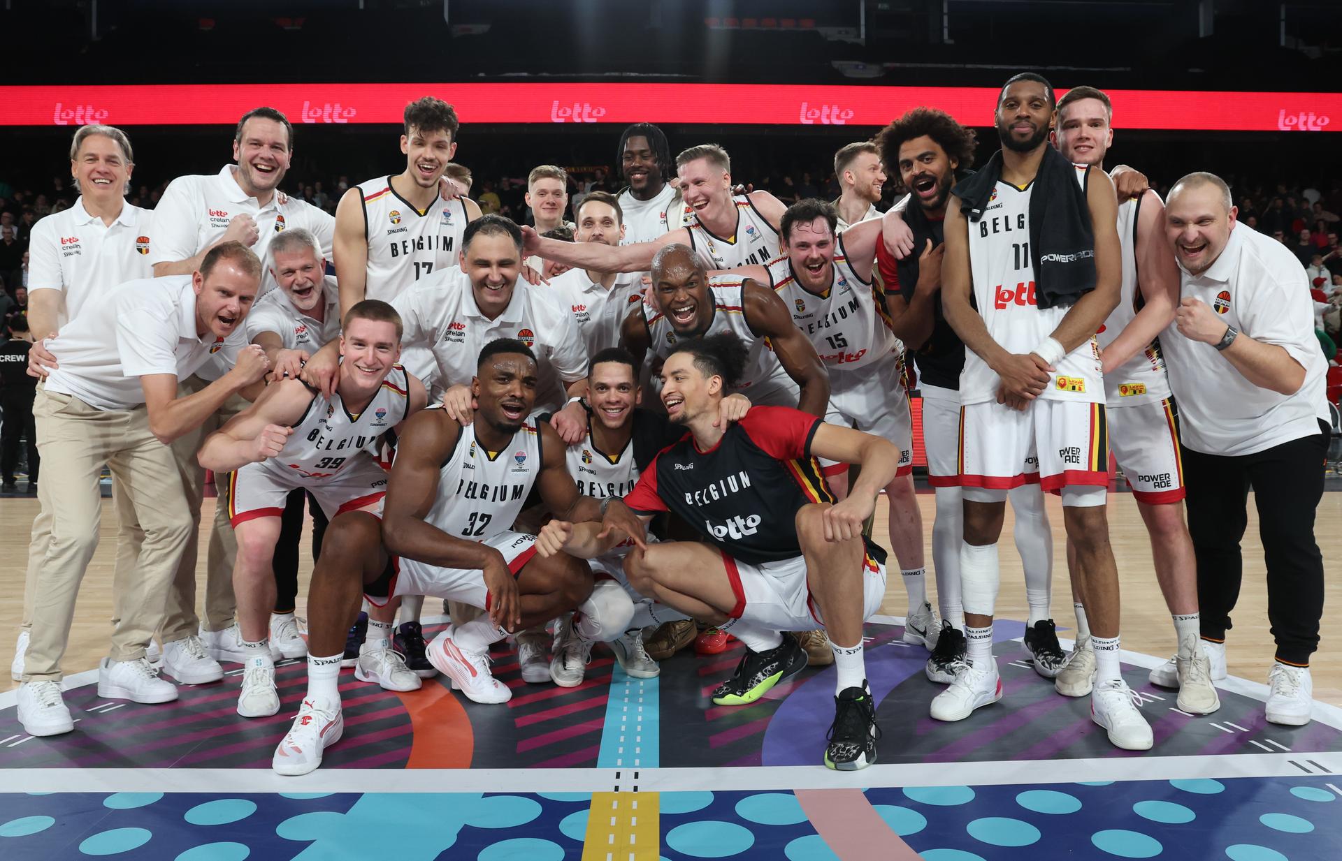 Belgium's players celebrate after winning a basketball match between Belgium's national team Belgian Lions and Slovakia, Thursday 20 February 2025 in Charleroi, game 5/6 in the group stage of the qualifications for the Eurobasket 2025 European championships. BELGA PHOTO VIRGINIE LEFOUR