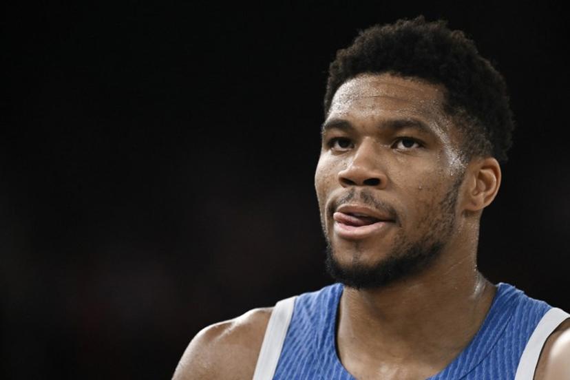 Greece's #34 Giannis Antetokounmpo looks on during the men's quarterfinal basketball match between Germany and Greece during the Paris 2024 Olympic Games at the Bercy  Arena in Paris on August 6, 2024.  Aris MESSINIS / AFP