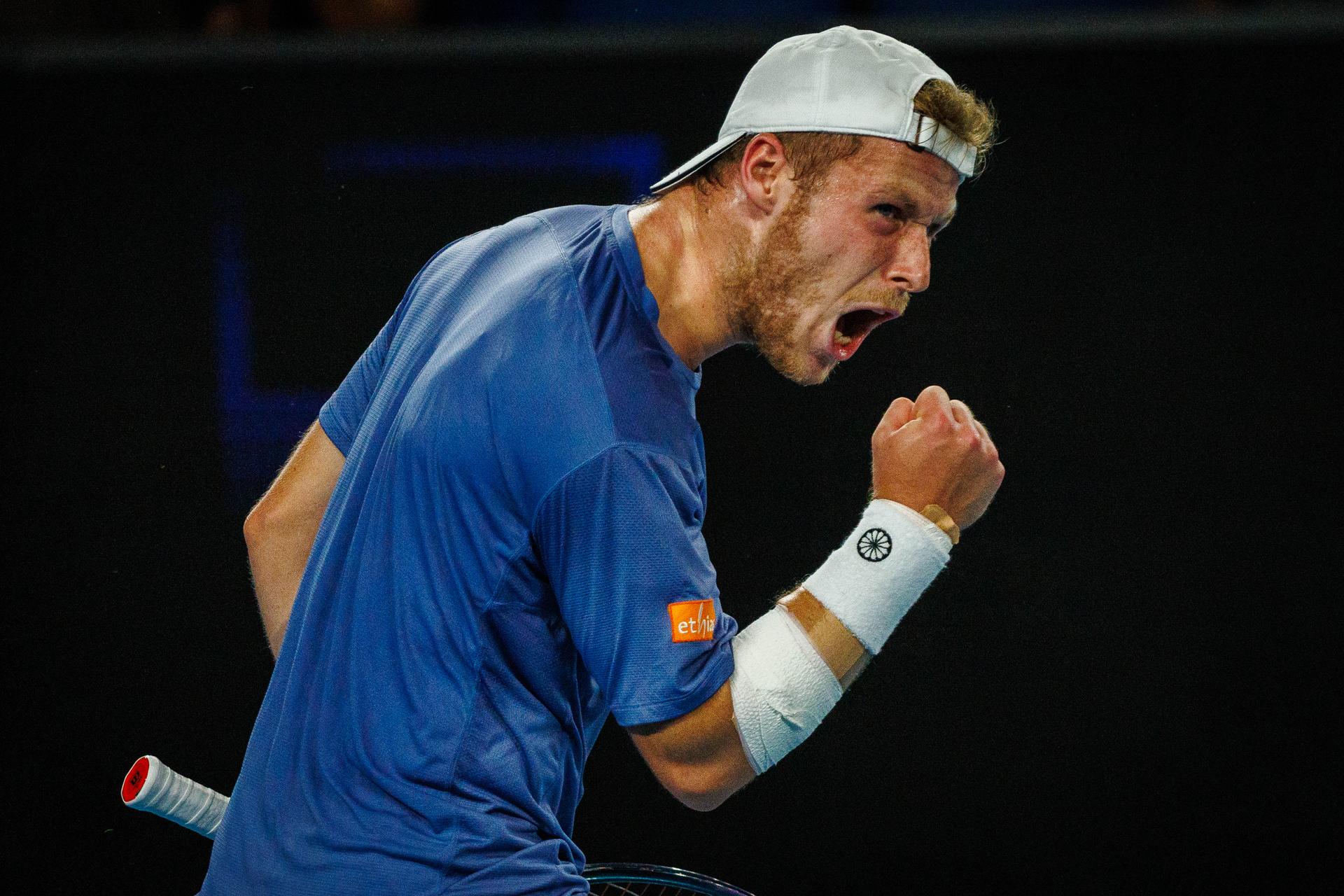 Belgian Gauthier Onclin pictured in action during a men's singles first round game between Belgian Onclin and American Opelka, at the 'Australian Open' Grand Slam tennis tournament, Sunday 12 January 2025 in Melbourne Park, Melbourne, Australia. The 2025 edition of the Australian Grand Slam takes place from January 12th to January 26th. BELGA PHOTO PATRICK HAMILTON
