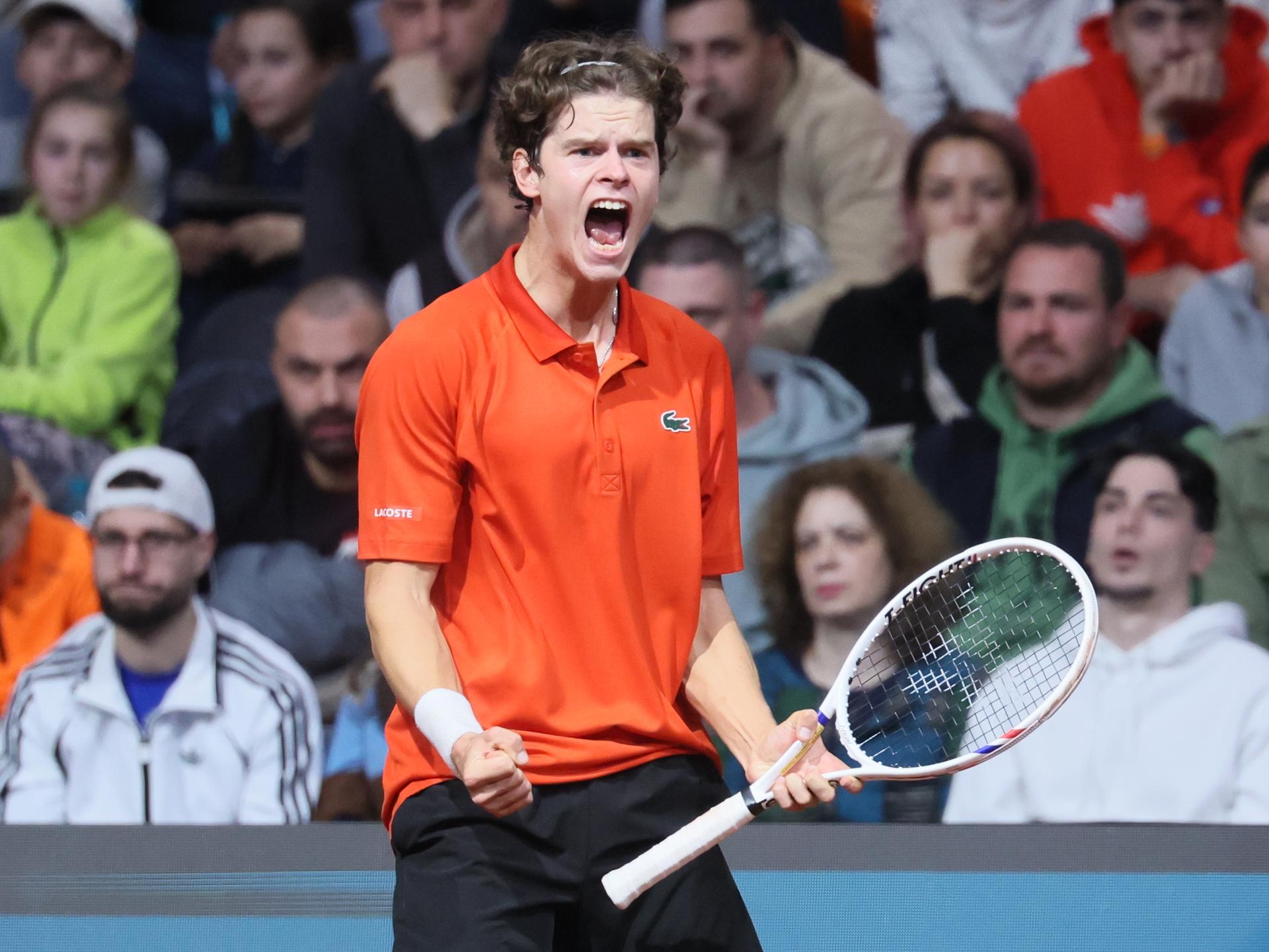 Belgian Alexander Blockx reacts during a tennis match against Bulgarian Radulov, during the qualifier of the Davis Cup on Saturday 07 February 2026, in Plovdiv, Bulgaria. Belgium will compete this weekend in the Davis Cup qualifiers against Bulgaria. BELGA PHOTO BENOIT DOPPAGNE