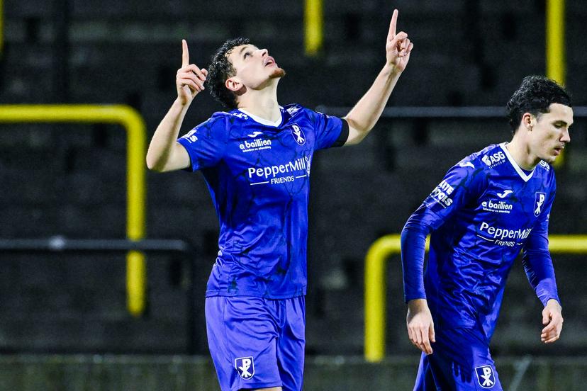 Patro Eisden's Leandro Rousseau celebrates after scoring during a soccer game between Lierse SK and Patro Eisden Maasmechelen, Friday 13 March 2026 in Lier, on day 30 of the 2025-2026 'Challenger Pro League' 1B second division of the Belgian championship. BELGA PHOTO TOM GOYVAERTS