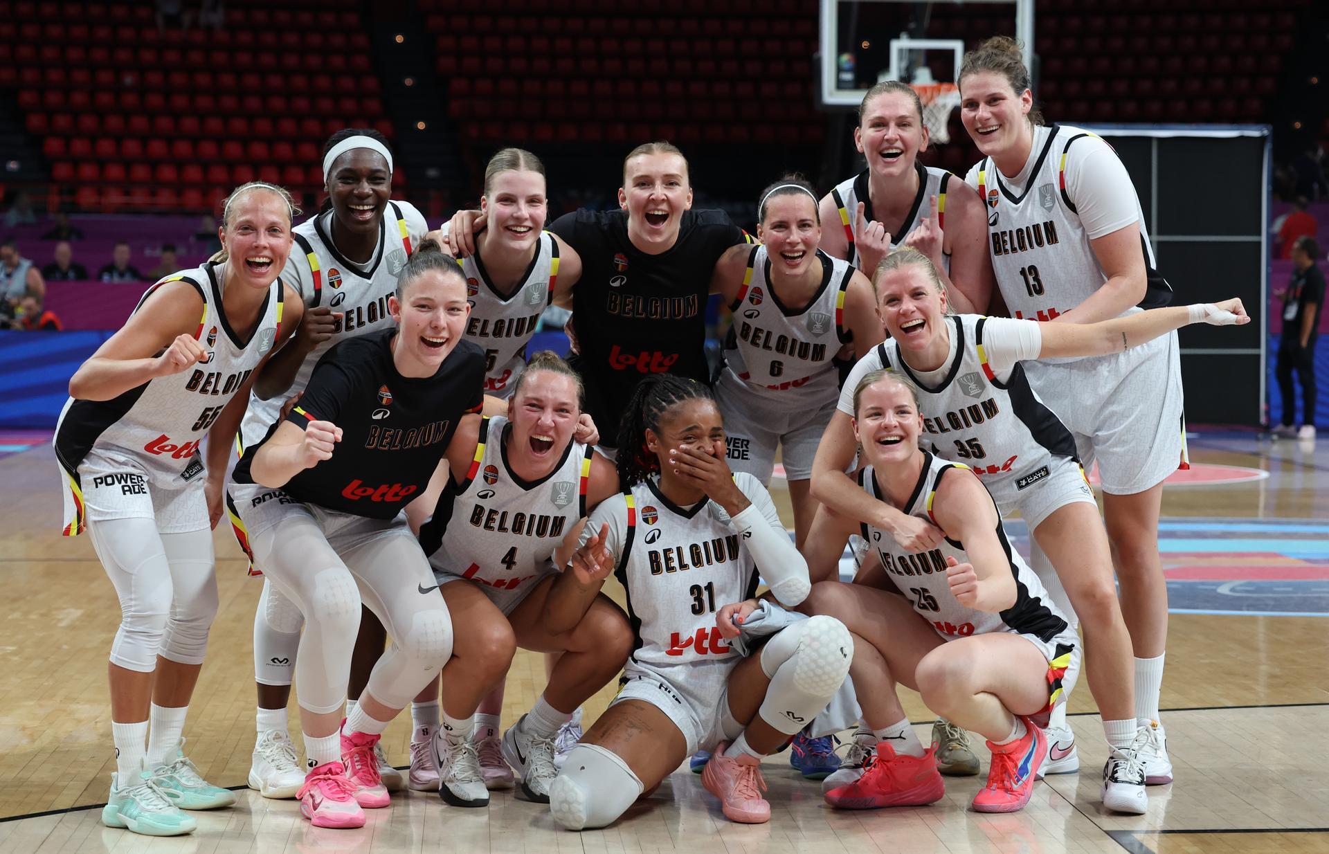 Belgian Cats' players celebrate after winning a basketball match between Belgian national team 'the Belgian Cats' and Italy, in the semi-finals of the FIBA Women's EuroBasket tournament, Friday 27 June 2025 in Piraeus, Greece. BELGA PHOTO VIRGINIE LEFOUR