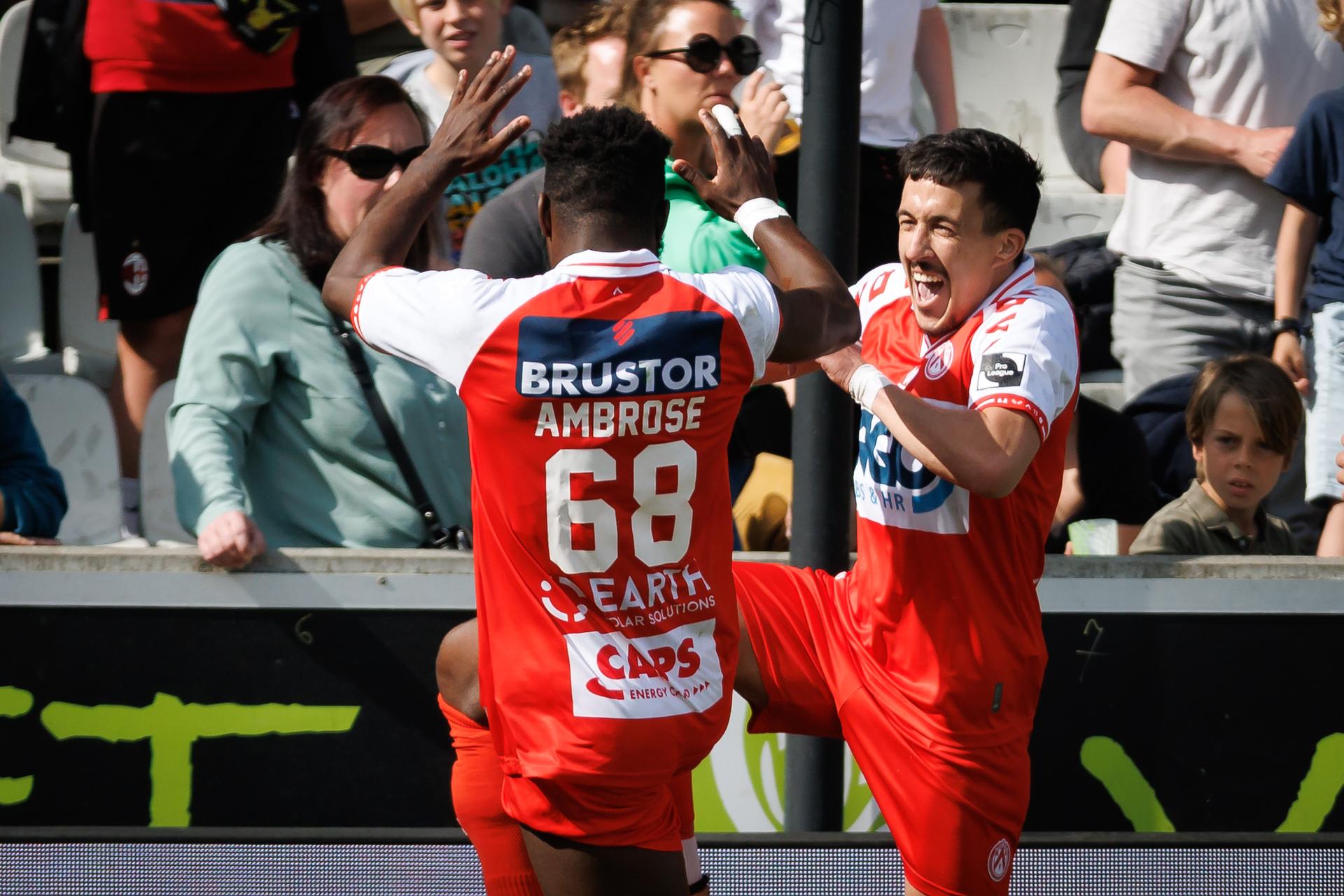 Kortrijk's Abdelkahar Kadri celebrates after scoring during a soccer match between Cercle Brugge and KV Kortrijk, Saturday 03 May 2025 in Brugge, on day 5 (out of 6) of the Relegation Play-offs of the 2024-2025 'Jupiler Pro League' first division of the Belgian championship. BELGA PHOTO KURT DESPLENTER