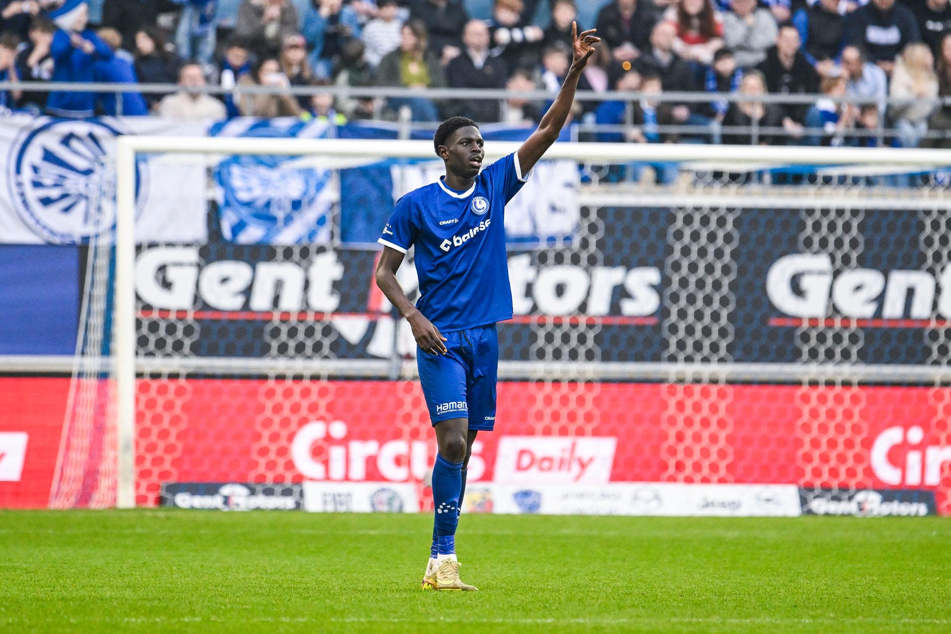 Gent's Ibrahima Cisse celebrates after scoring during a soccer match between KAA Gent and KV Mechelen, Sunday 08 March 2026 in Gent, on day 26 of the 2025-2026 'Jupiler Pro League' first division of the Belgian championship. BELGA PHOTO TOM GOYVAERTS