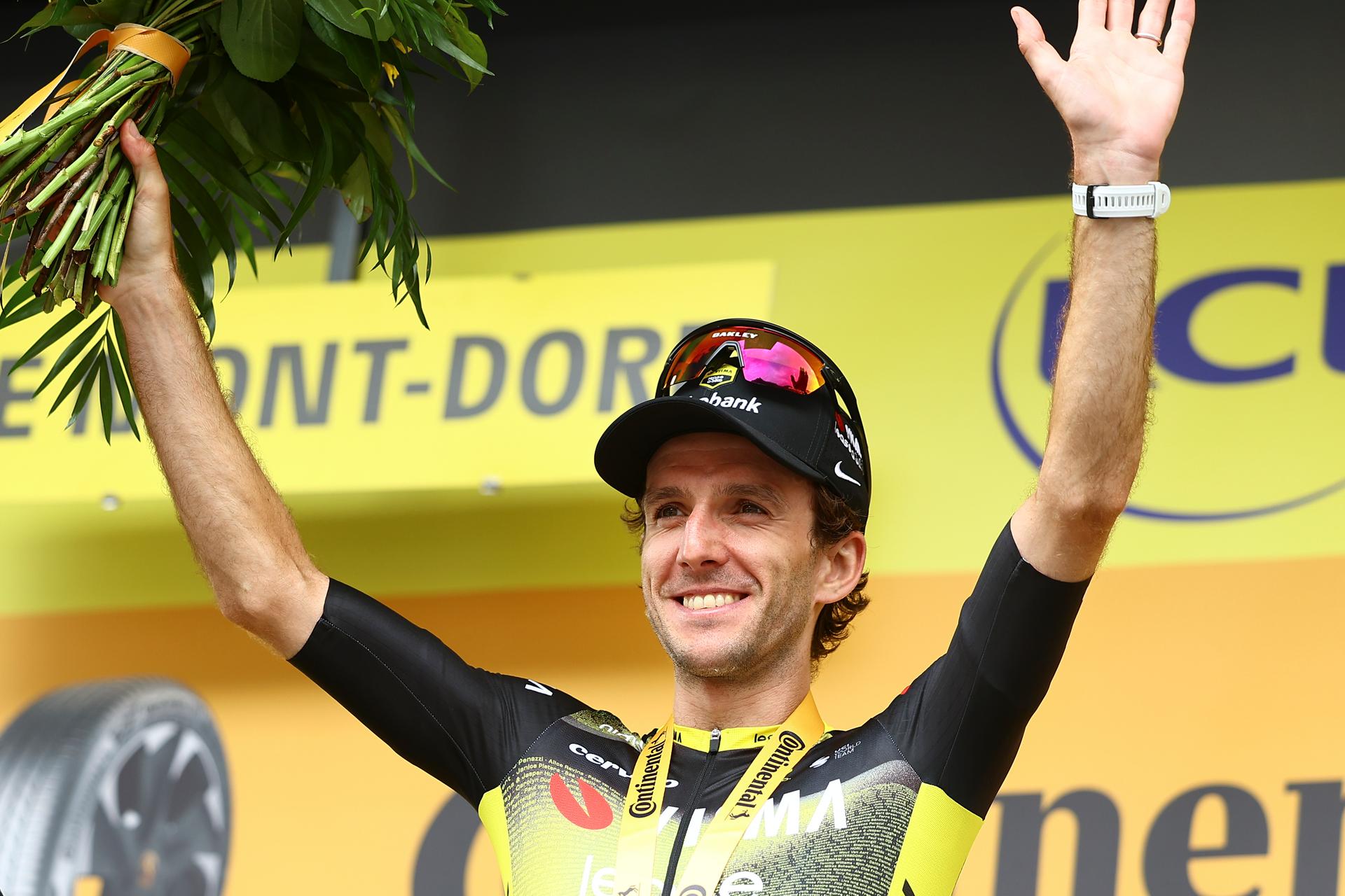 British Simon Philip Yates of Team Visma-Lease a Bike celebrates on the podium after winning stage 10 of the 2025 Tour de France cycling, from Ennezat to Le Mont-Dore Puy de Sancy (169 km), on Monday 14 July 2025 in France. The 112th edition of the Tour de France starts on Saturday 5 July in Lille, France, and will finish in Paris, France on the 27th of July. BELGA PHOTO DAVID PINTENS