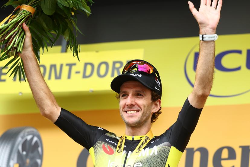 British Simon Philip Yates of Team Visma-Lease a Bike celebrates on the podium after winning stage 10 of the 2025 Tour de France cycling, from Ennezat to Le Mont-Dore Puy de Sancy (169 km), on Monday 14 July 2025 in France. The 112th edition of the Tour de France starts on Saturday 5 July in Lille, France, and will finish in Paris, France on the 27th of July. BELGA PHOTO DAVID PINTENS