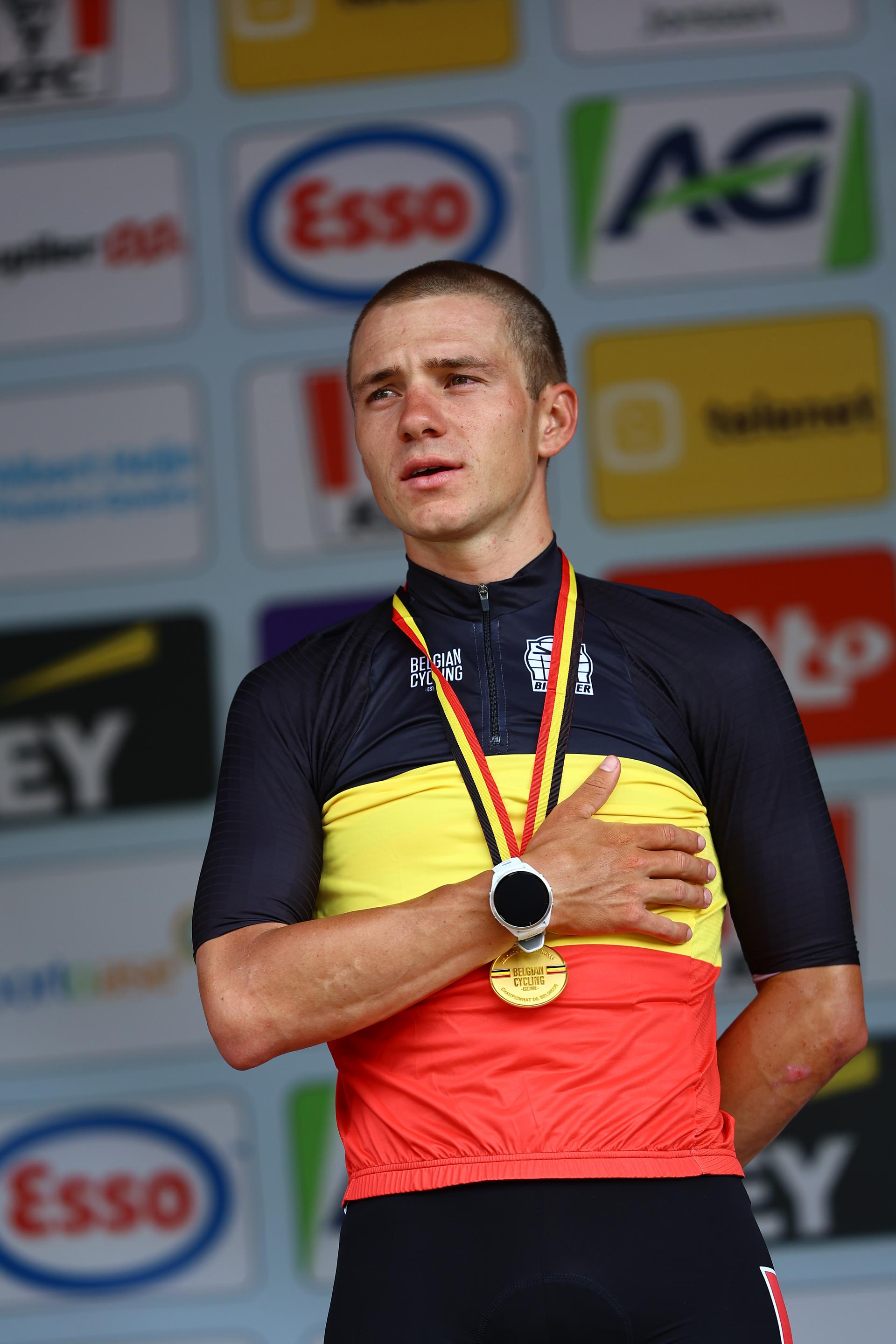 Belgian Remco Evenepoel of Soudal Quick-Step pictured on the podium after winning the men's elite individual time trial of the Belgian Cycling Championships, 40,2km, in Brasschaat, on Friday 27 June 2025. BELGA PHOTO DAVID PINTENS