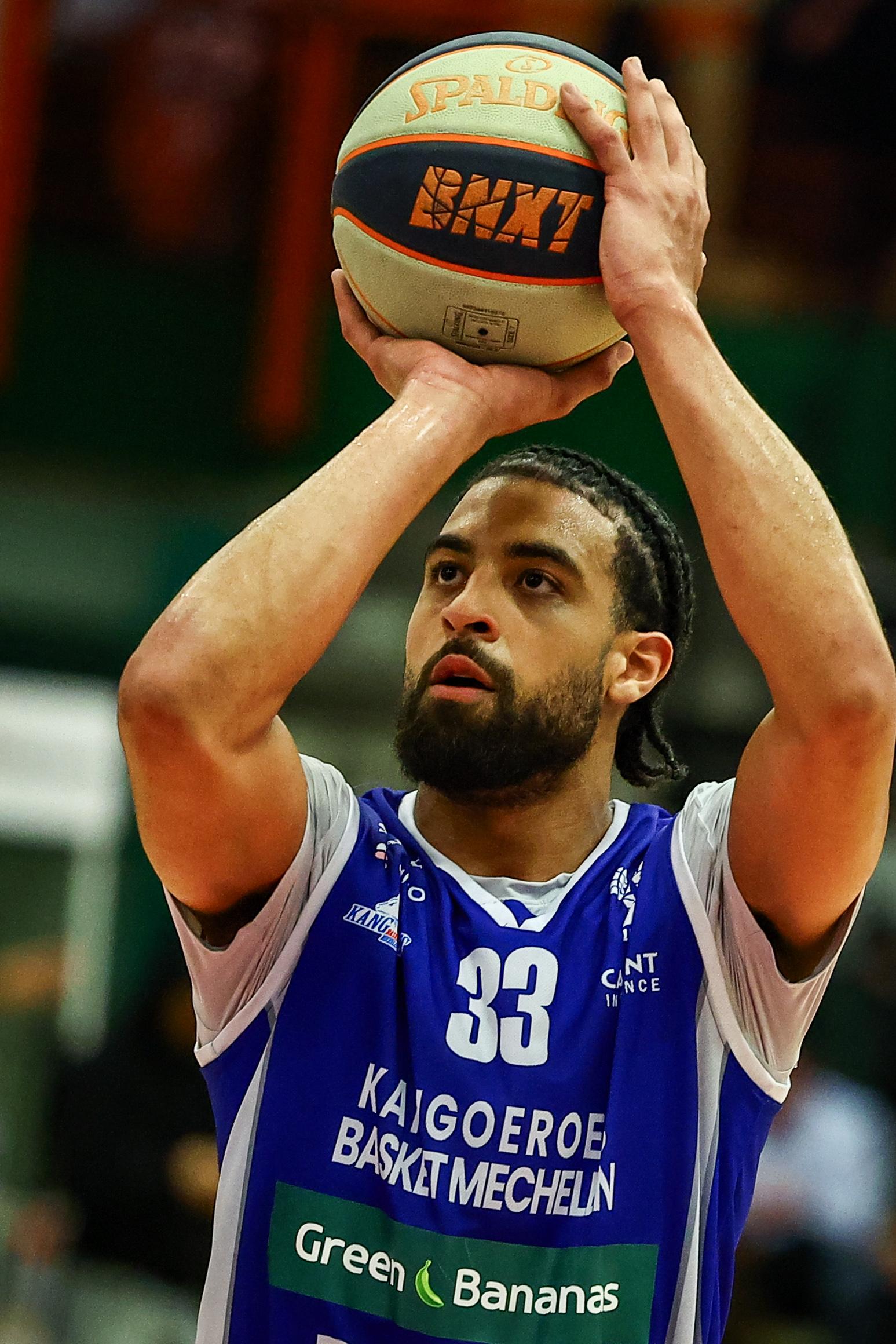 Mechelen's Trenton Gibson pictured in action during a basketball match between Brussels Basketball and Kangoeroes Mechelen, Friday 28 March 2025 in Brussels, on day 29 of the 'BNXT League' first division basket championship. BELGA PHOTO DAVID PINTENS